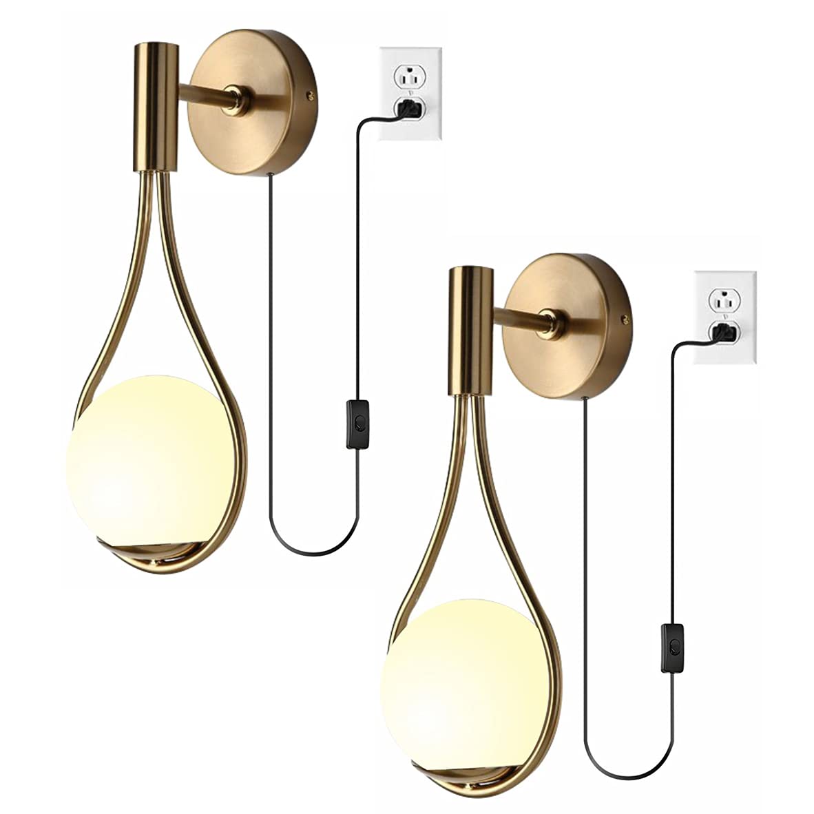 Fulesi Modern Wall Sconces Set of 2 - Mid Century Brushed Brass Gold Plug-in Wall Lights with Glass Globe - Perfect for Bedroom, Living Room, Bathroom & Hallway Lighting (2 Pack) - Create Cozy Ambiance for Relaxation & Entertaining