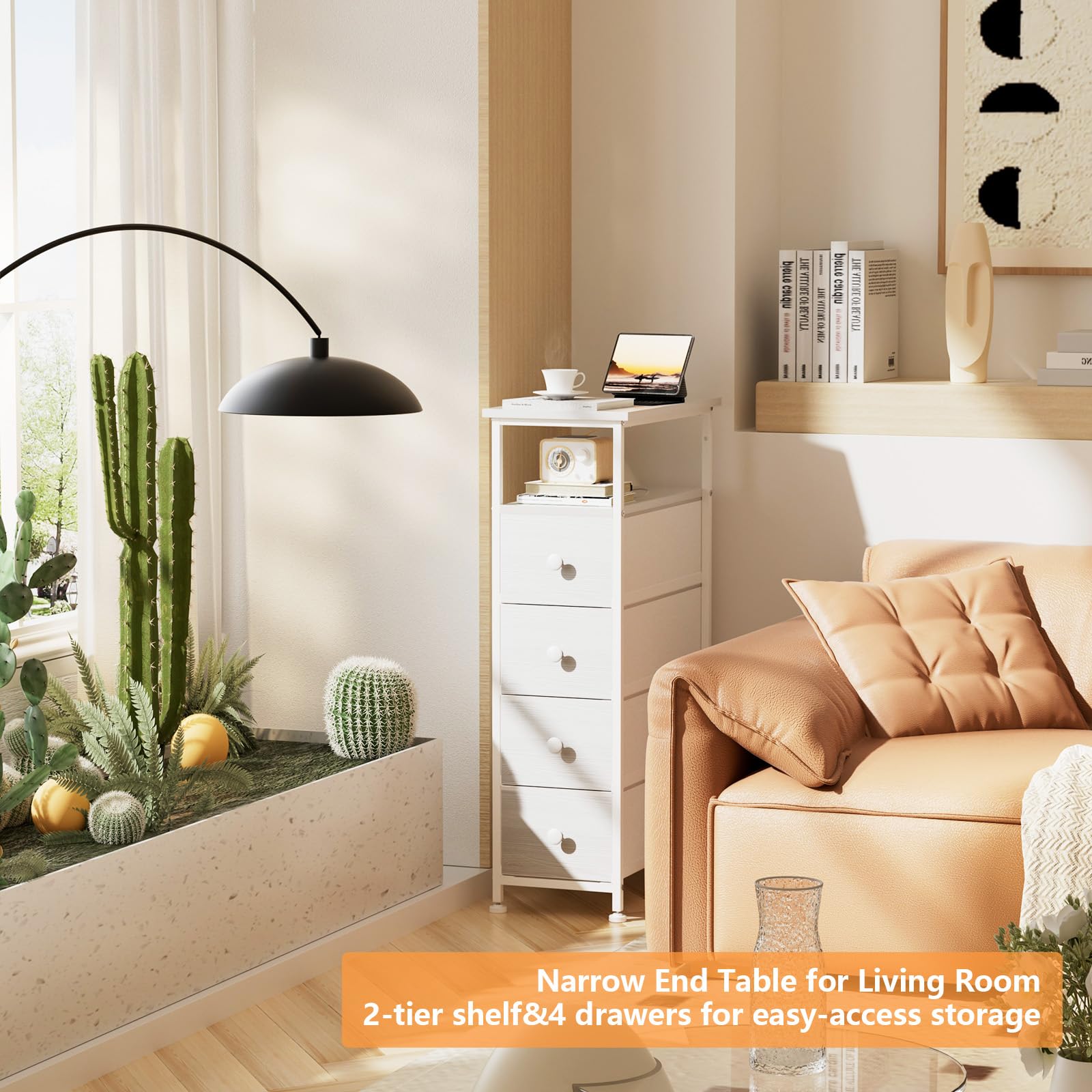Slim White Dresser Storage Tower with 4 Fabric Drawers & Wood Shelf - Space-Saving Bedroom Nightstand, Bathroom Organizer for Small Spaces, Closet & Laundry Room - Perfect for Apartment Living & Dorm Storage