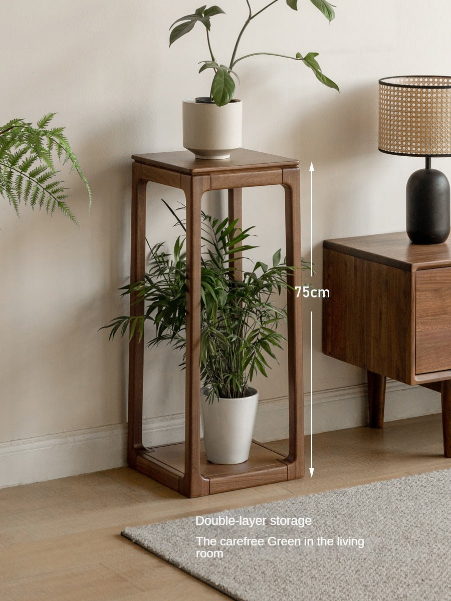 Premium Black Walnut Solid Wood 2-Tier Storage Shelf - Decorative Flower Stand for Living Room, Bedroom & Office Organization