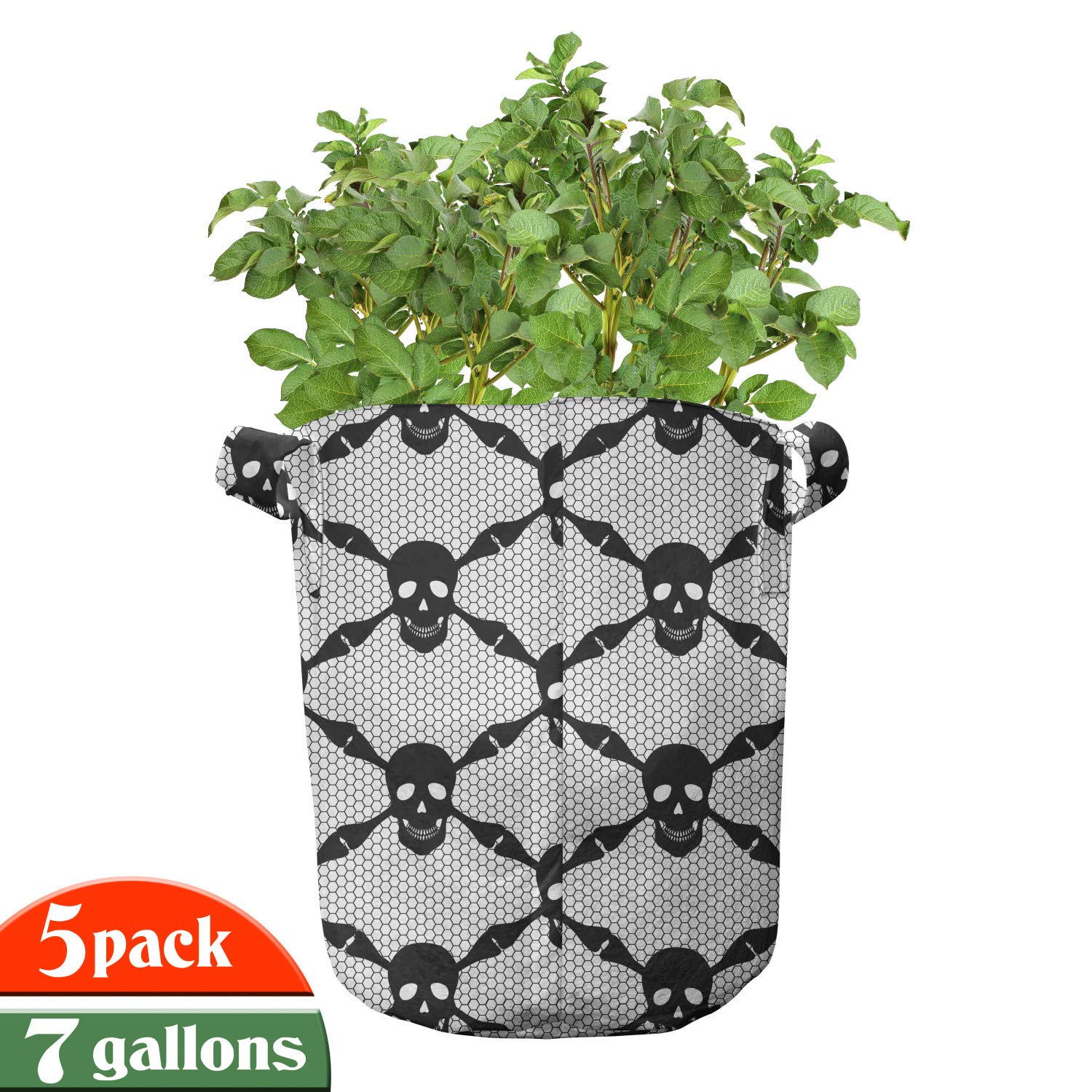 Ambesonne 5-Pack Gothic Halloween Plant Grow Bags - 7 Gallon Heavy Duty Fabric Pots with Handles, Black White Skull Design for Indoor/Outdoor Gardening, Perfect for Halloween Decor & Plant Lovers