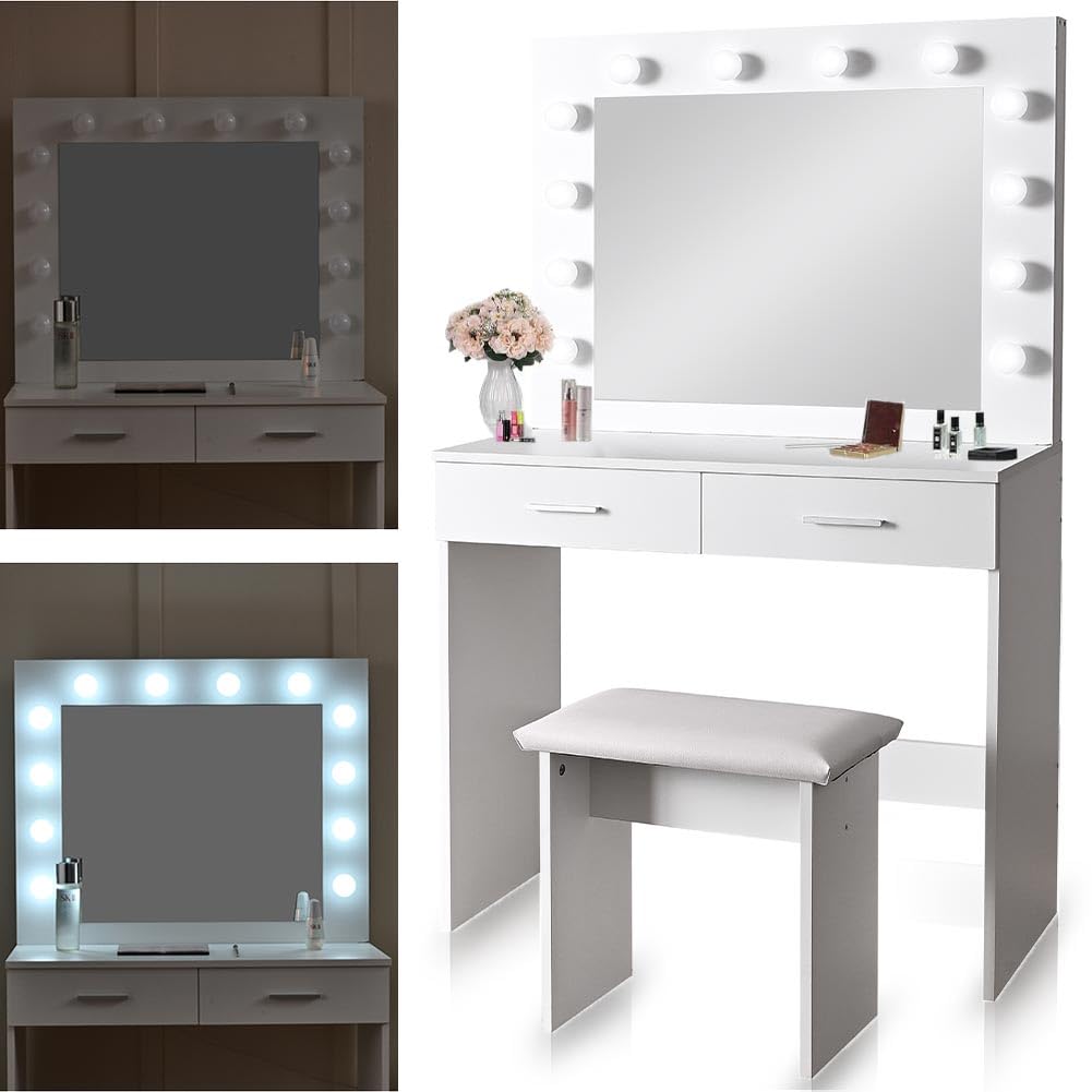 Shally Dogan Makeup Vanity Set with Stool - Ophelia Model with 12 LED Lights, Wooden White Dressing Table with Mirror & Drawers, Padded Comfortable Seat, Cold & Warm Lighting - Perfect for Bedroom Makeup Station, Beauty Room Decor, Bridal Dressing Area