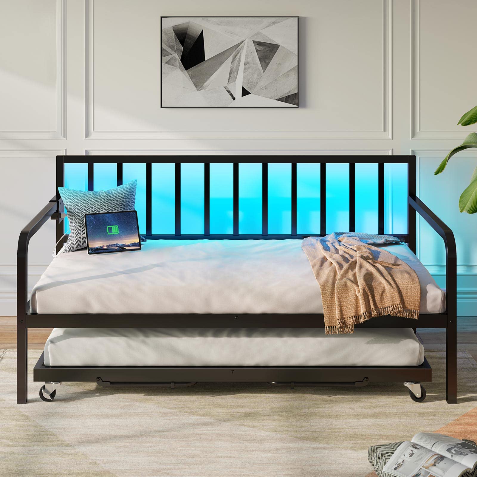 Rolanstar Adjustable Height Twin Daybed with Trundle - Metal Sofa Bed Frame with Built-in USB Charging Station & LED Lights, Steel Slat Support - Perfect for Small Spaces, Living Room, Bedroom & Guest Room - Black