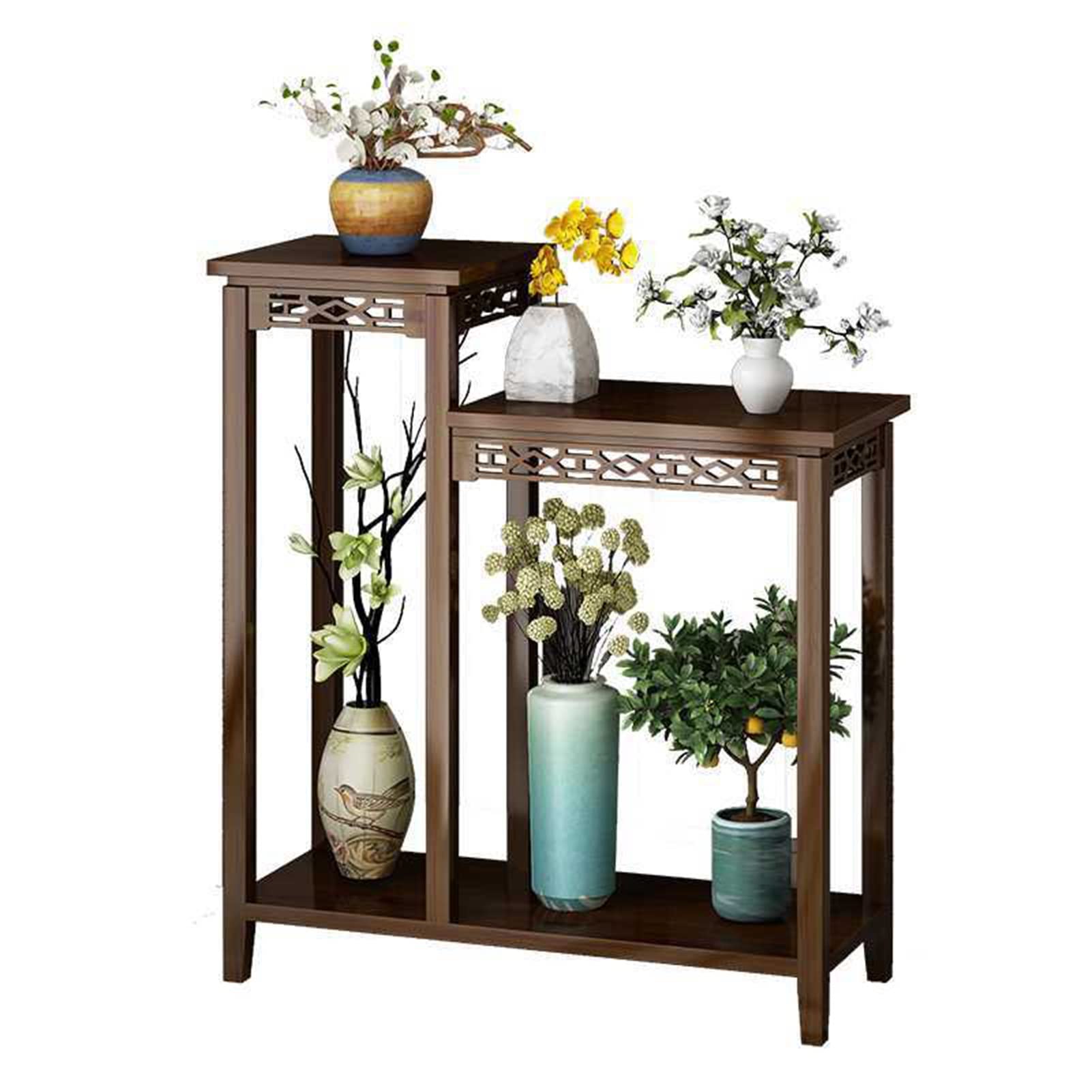 Chinese-Style Wooden Flower Stand - Double-Layer Bamboo Plant Shelf for Indoor Plants - Floor to Ceiling Decorative Stand for Living Room, Bedroom, Balcony - Perfect for Orchids, Succulents & Home Decor (Brown, 31