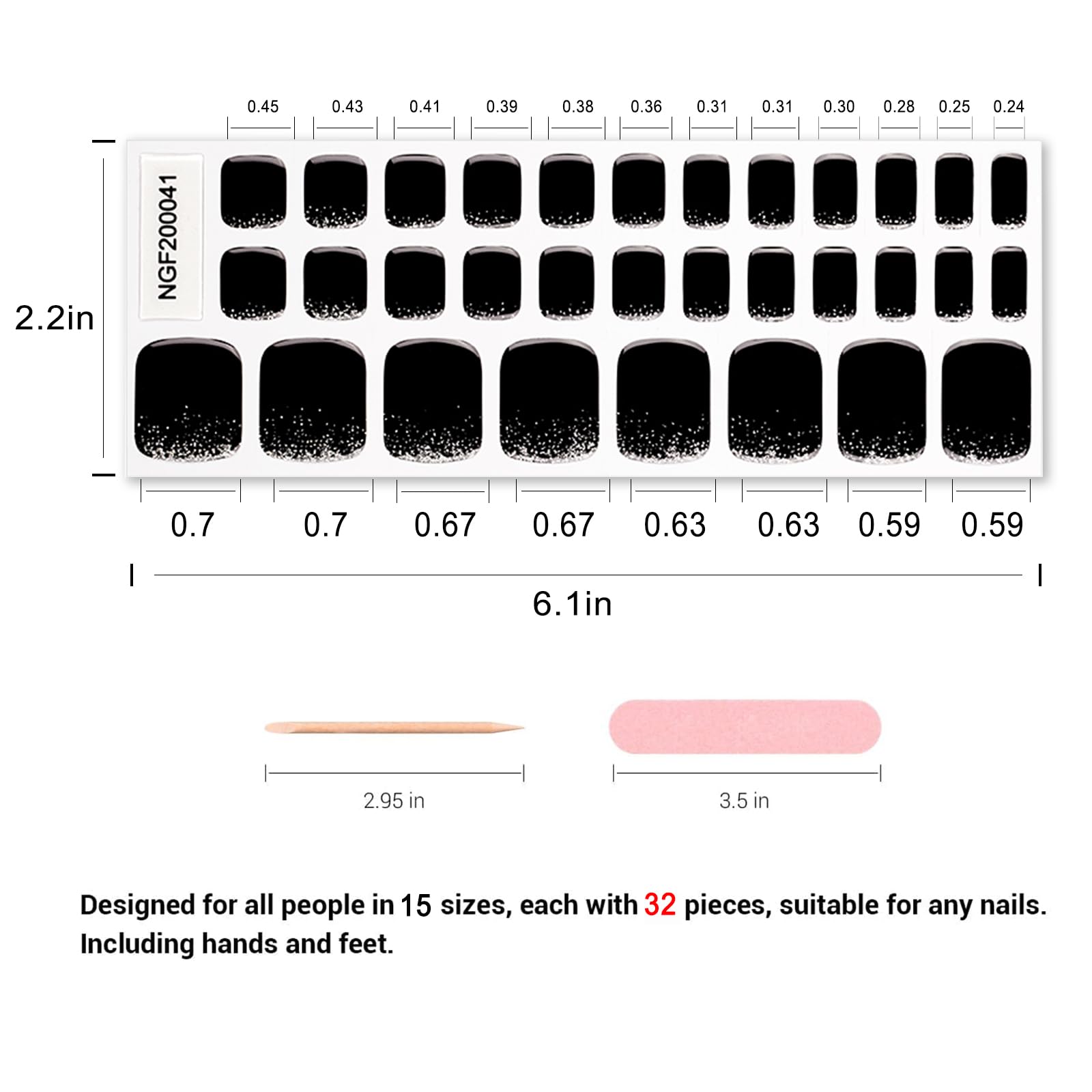 32 Pcs Semi Cured Gel Toenail Strips - Silver Black Nail Wraps for Pedicure, Works with UV Lamps, Includes Nail File & Wood Stick - Perfect for Salon, Home Manicure & Special Occasions