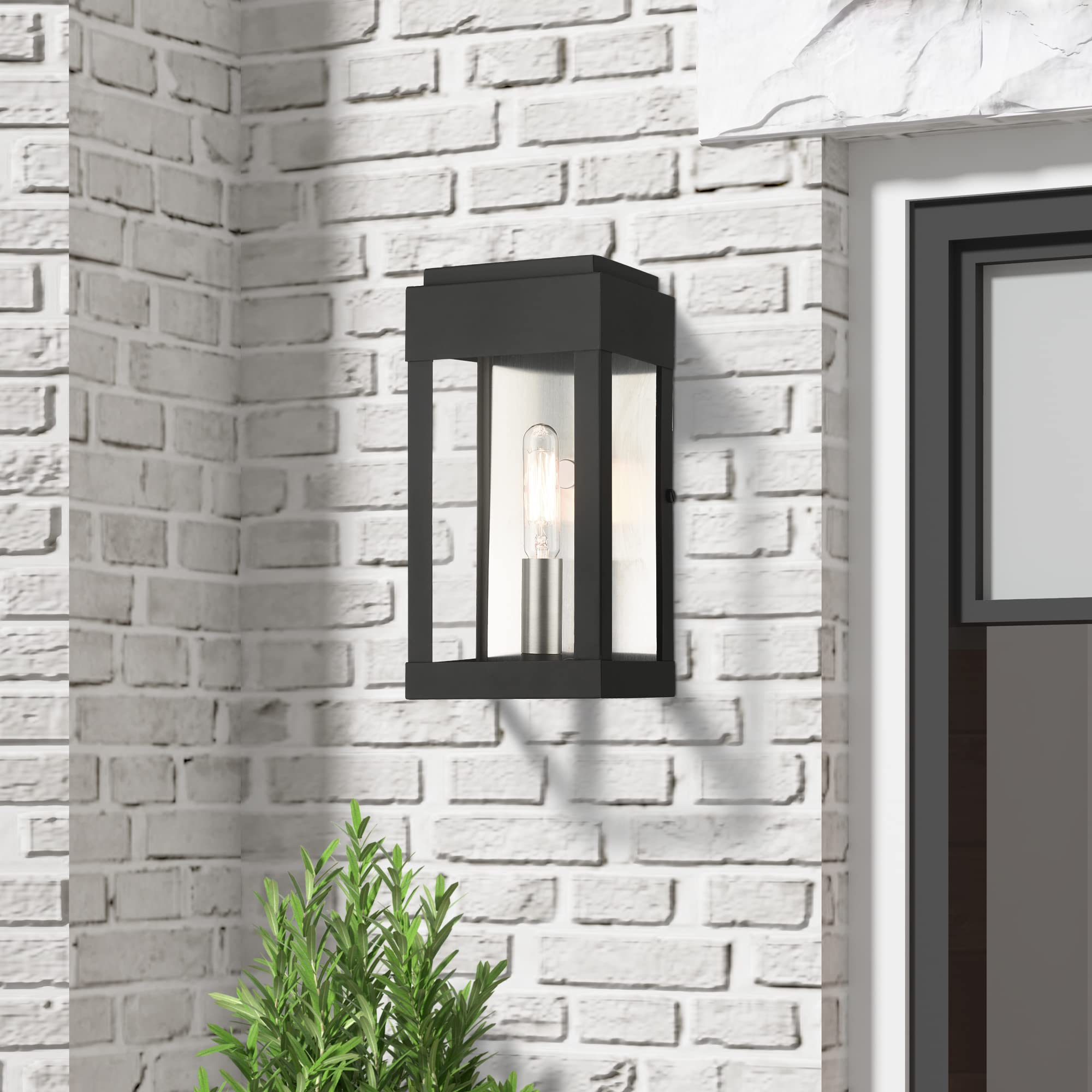 Livex Lighting 21231-04 York 1 Light Outdoor Wall Lantern - Black with Brushed Nickel Finish, ADA Compliant, Stainless Steel Reflector - Perfect for Porch, Patio, and Garden Lighting