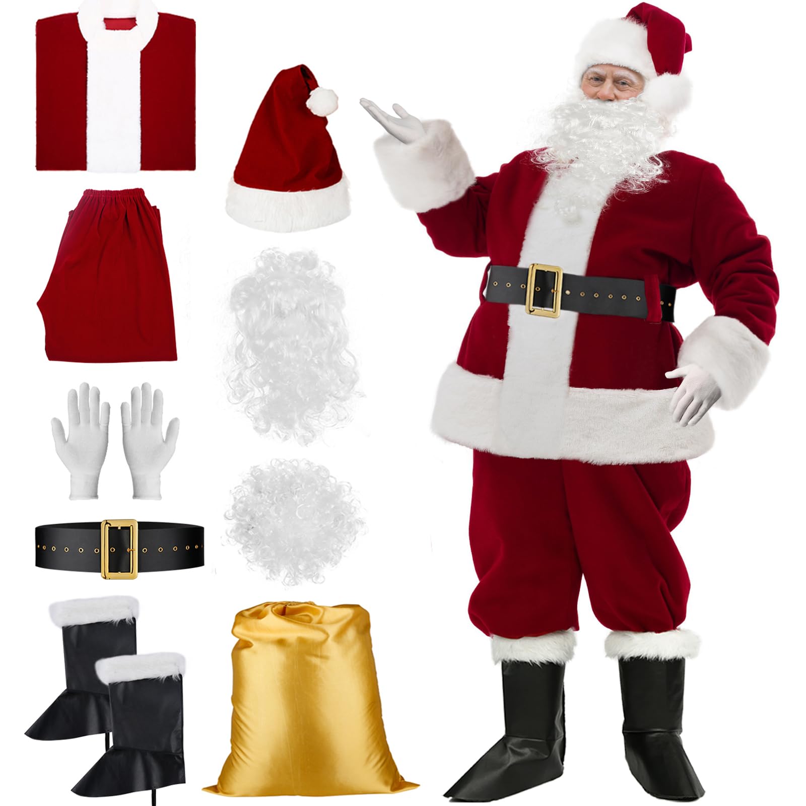 Men's Santa Claus Costume 9 Piece Set - Adult Christmas Santa Suit Outfit with Hat, Belt & Boot Covers for Holiday Parties & Festive Events