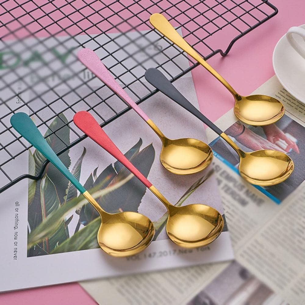 Leeonz 5-Pack Round Colorful Handle 304 Stainless Steel Soup Spoons - Elegant Dinner Spoons for Rice, Dessert & Coffee, Durable Kitchen & Tableware for Home, Restaurant & Cafe Use