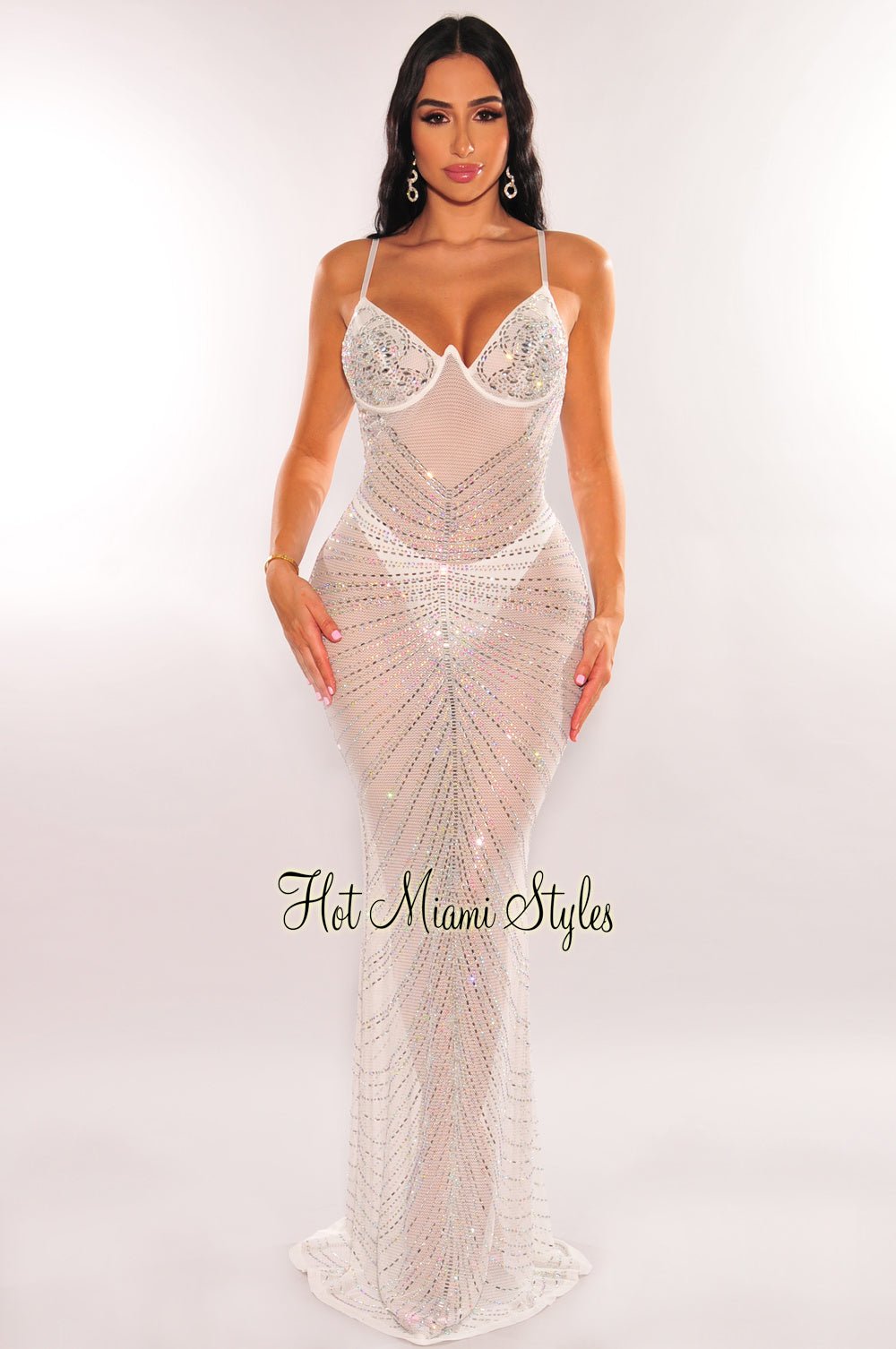 Elegant White Mesh Rhinestone Underwire Mermaid Gown - Sexy Formal Evening Dress for Prom, Wedding, and Special Occasions