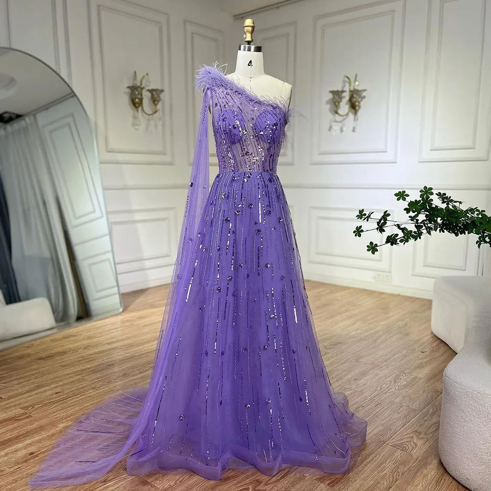 Elegant Lilac One Shoulder A-Line Evening Gown with Cape Sleeves & Feather Beading - Luxury Women's Wedding Party Dress LA72503A for Prom, Gala & Formal Events
