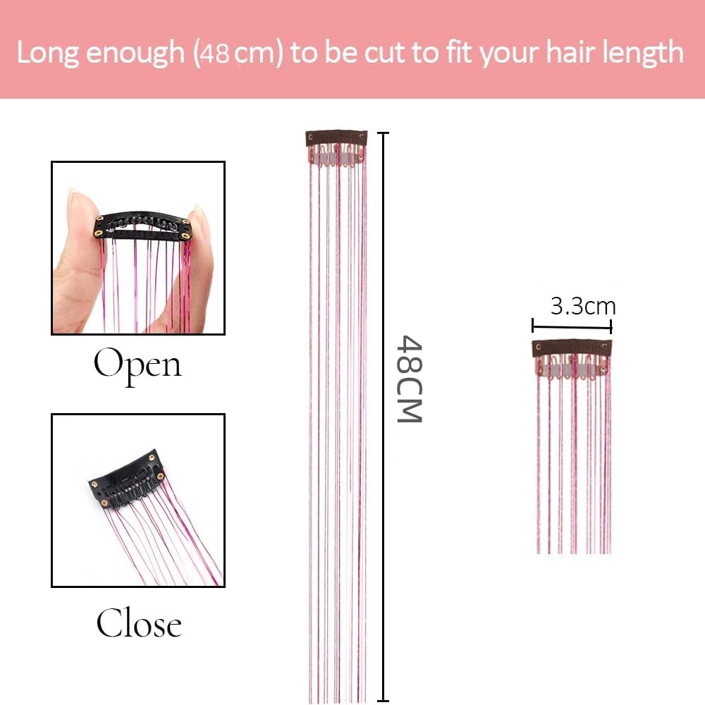 BowieMall 4-Piece Clip-In Hair Extension Kit with Glitter Tinsel - Heat Resistant Synthetic Hair Extensions for Women, Girls & Kids - Perfect for Parties, Festivals, Cosplay & Special Occasions