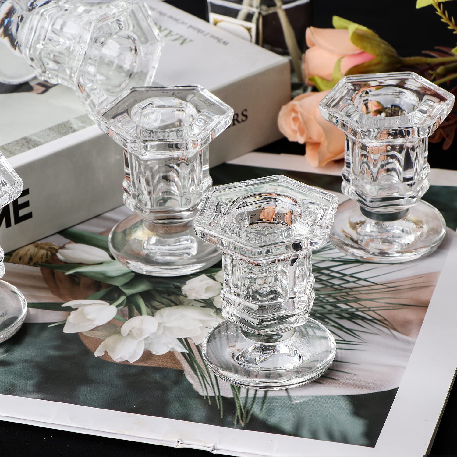 12-Piece Clear Glass Candlestick Holders Set - Bulk Crystal Taper Candle Holders for Wedding Centerpieces, Dining Table Decor & Home Decoration - Perfect for Romantic Dinners, Holiday Decor & Party Decorations