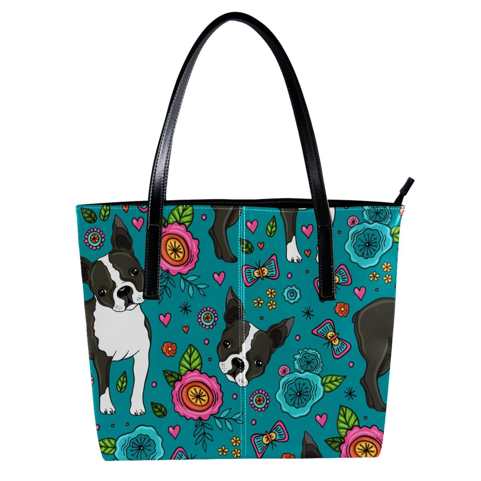 Premium Genuine Leather Handbag for Women - Large Capacity Top Handle Satchel Bucket Purse with Shoulder Strap - Boston Terrier Floral Design - Perfect for Work, Travel & Everyday Use