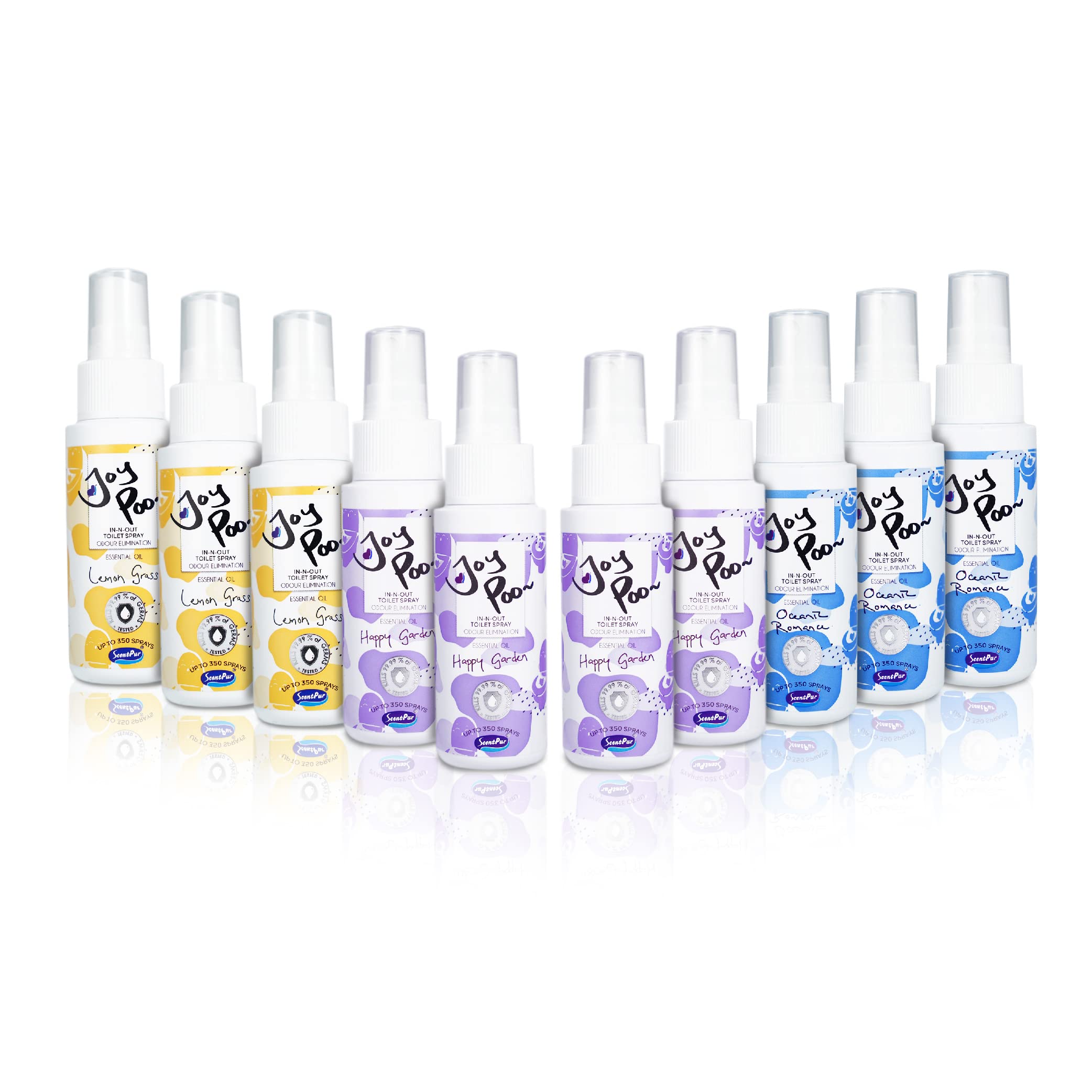 JoyPoo Toilet Odor Eliminator Spray Set - 4X Happy Garden, 3X Lemon Grass & 3X Oceanic Romance (2oz/Bottle) | Bathroom Air Freshener for Home, Office & Travel Use