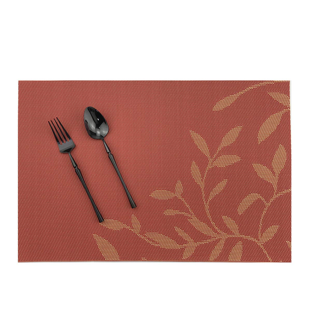 Gugrida 6-Piece PVC Woven Vinyl Placemats Set - Natural Color with Orange Leaves Design, Waterproof & Heat-Resistant Table Mats for Dining, Kitchen, and Outdoor Use