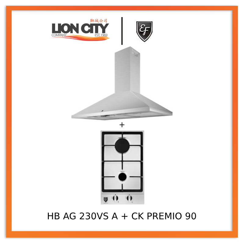 EF CK Premio 90 Stainless Steel Chimney Hood with EF HB AG 230VS 30cm Built-In Gas Hob - Modern Kitchen Ventilation System for Home Cooking & Smoke Extraction