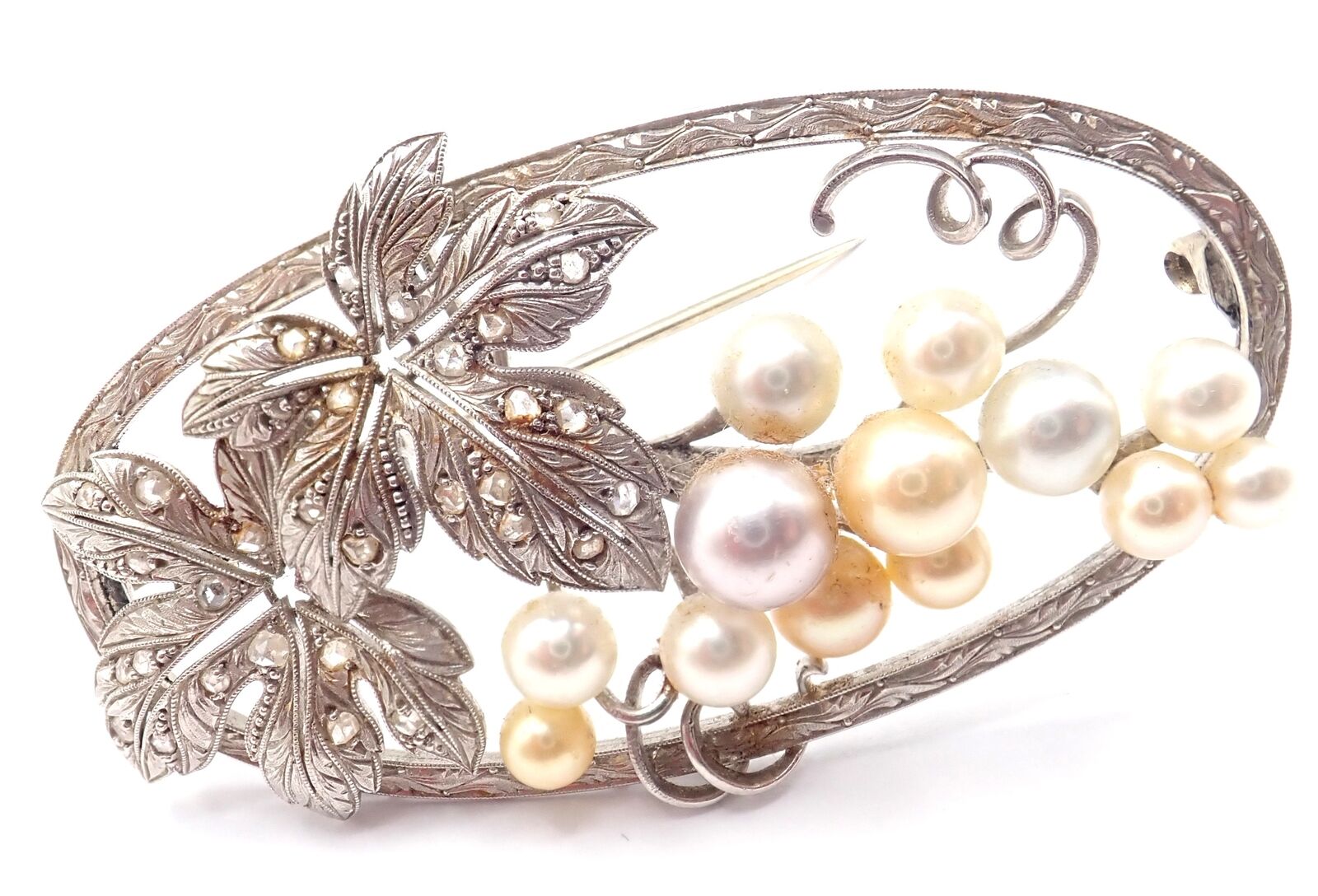 Authentic Mikimoto 14k White Gold Diamond Pearl Brooch Pin - Vintage Jewelry for Women, Elegant Gift for Brides, Anniversaries & Special Occasions