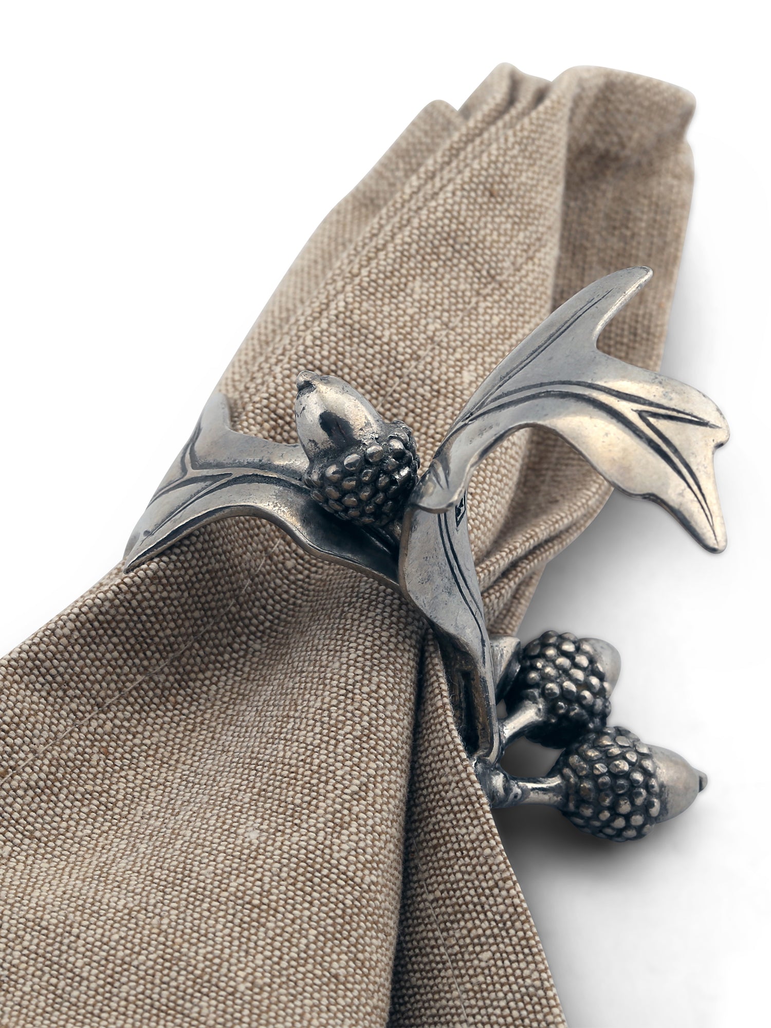 Handcrafted Pewter Acorn and Oak Leaf Napkin Rings Set of 4 - Elegant Fall Table Decor for Thanksgiving, Autumn Dinner Parties, and Rustic Wedding Place Settings