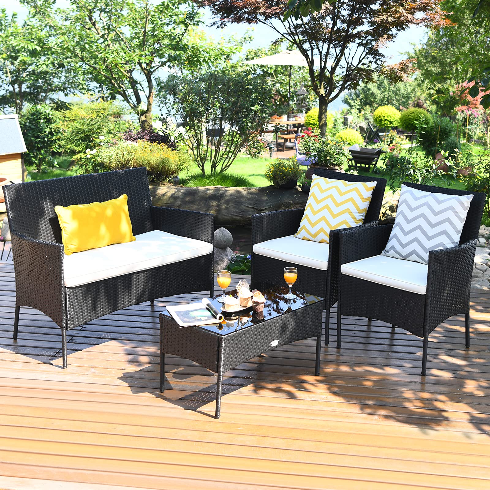 Tangkula 4-Piece Outdoor Patio Furniture Set - Wicker Rattan Loveseat & Chairs with Cushions & Tempered Glass Coffee Table - Beige Conversation Set for Backyard, Garden, Poolside, Deck or Patio - Perfect for Relaxing, Entertaining & Outdoor Dining