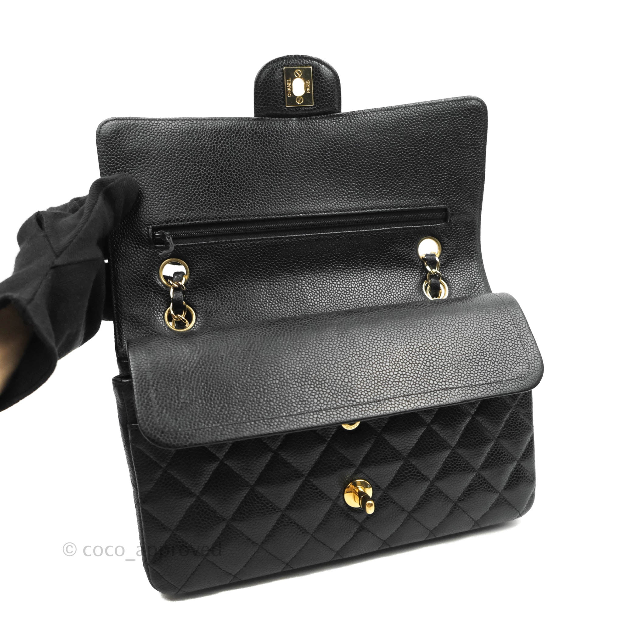 Chanel Classic M/L Medium Double Flap Bag in Black Caviar Leather with 24K Gold Hardware - Perfect for Luxury Fashion & Evening Events
