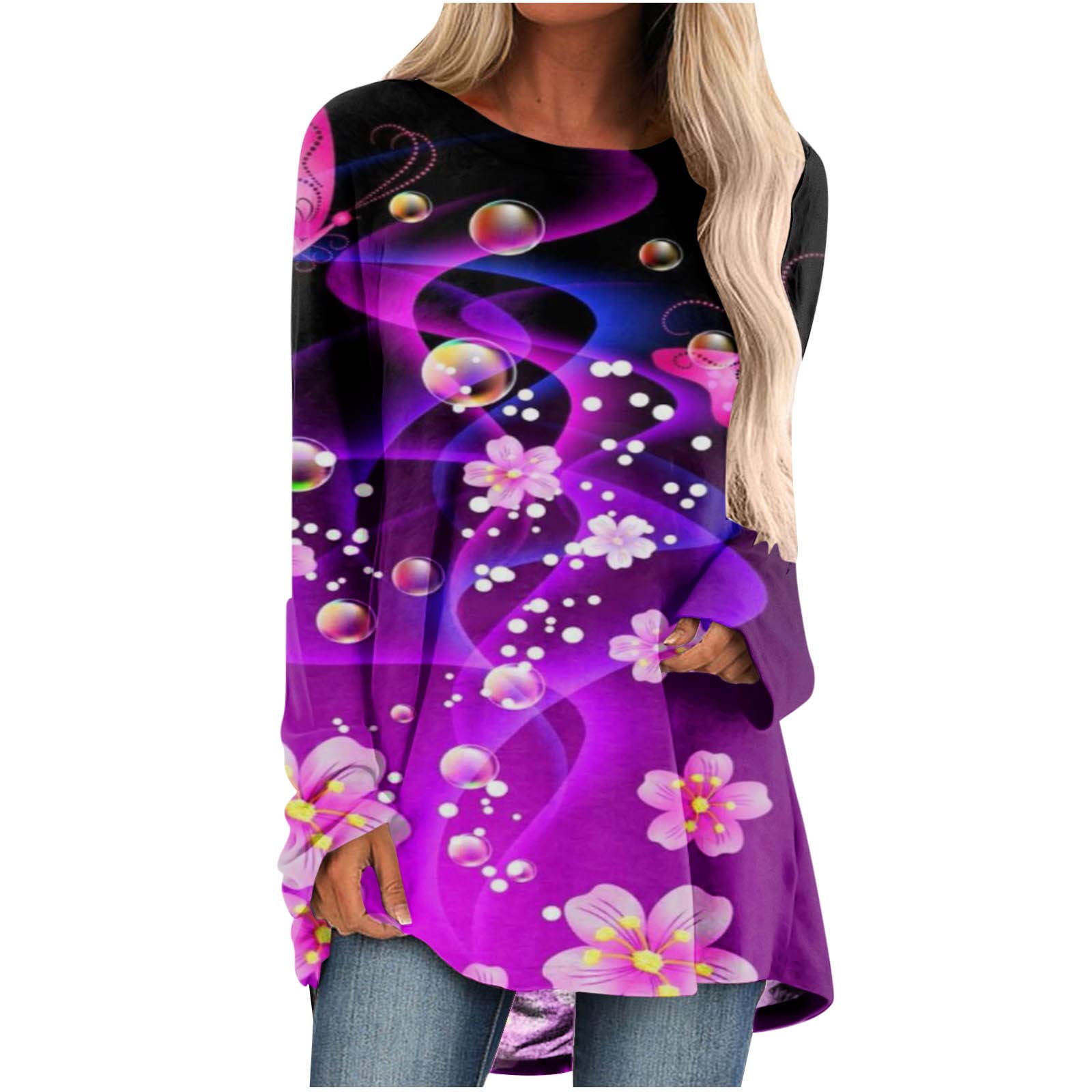 Women's Floral Printed Long Sleeve Blouse - Casual Loose Fit Round Neck Tops for Everyday Wear, Office & Spring Outfits 2023