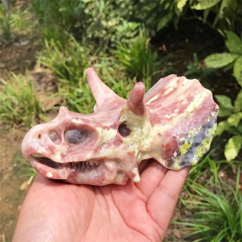 13CM Natural Peach Blossom Tourmaline Dinosaur Skull Crystal Carving - Healing Stone, Fashion Jewelry & Home Decor - Unique Birthday Gift for Collectors (1 Piece) - Perfect for Meditation, Feng Shui & Gothic Decor