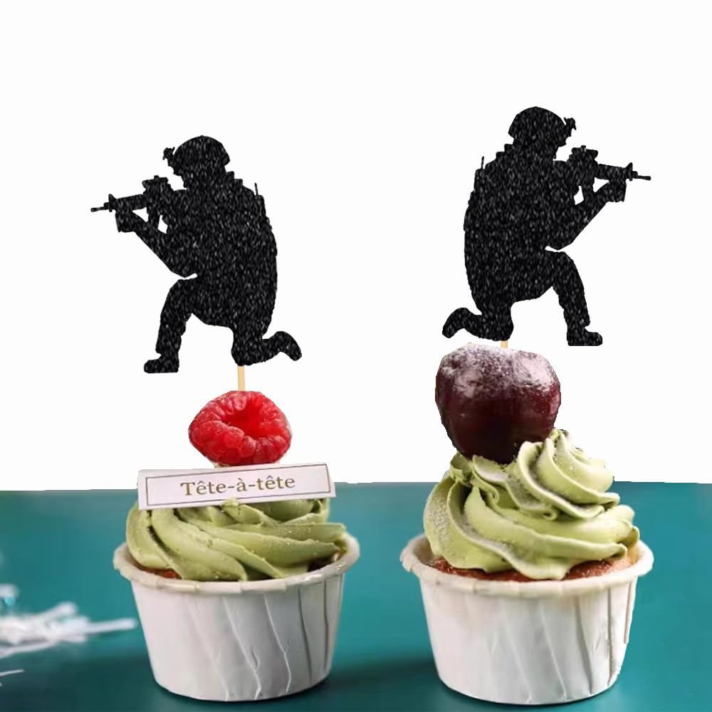 24 PCS Black Paintball Cupcake Toppers - Sport Party, Baby Shower, Birthday & Wedding Decorations - Premium Cardboard Supplies for Sports Theme Events & Celebrations