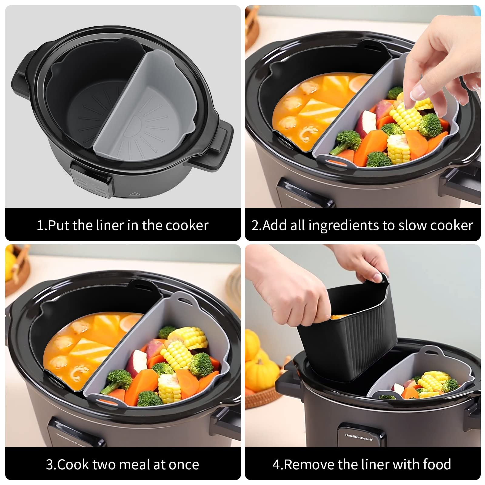 Darbermu 6-7QT Silicone Slow Cooker Liners - 2 Pack Reusable Crockpot Divider Inserts for Easy Cooking & Cleaning | Perfect for Meal Prep, Soups, Stews & Family Dinners | Black & Grey Kitchen Accessories (117)
