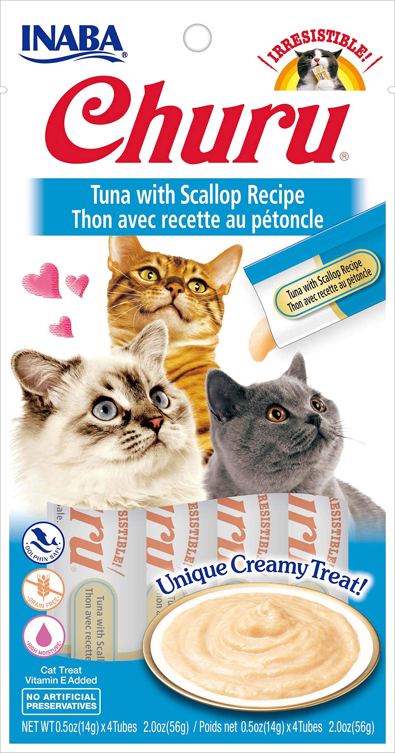INABA Churu Lickable Cat Treats - Natural Purée with Tuna & Scallop Recipe (4 Tubes) | Grain-Free Wet Cat Food Topper for Hydration & Training | Perfect for Picky Eaters & Senior Cats