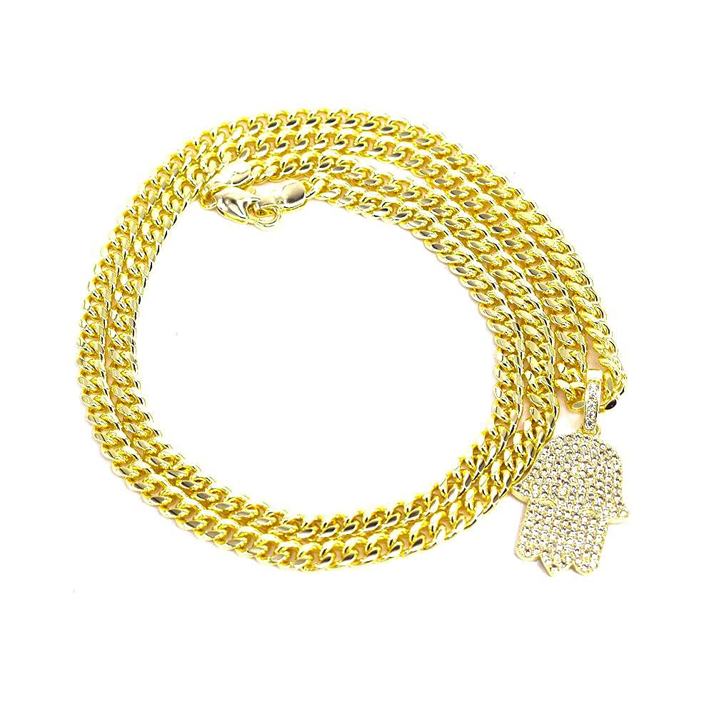 18K Gold Plated Cuban Link Chain & Iced Out Hamsa Evil Eye Charm Set - Hip Hop Jewelry for Men | Gift for Birthday, Anniversary & Special Occasions | Perfect for Streetwear, Rap Culture & Fashion Accessories