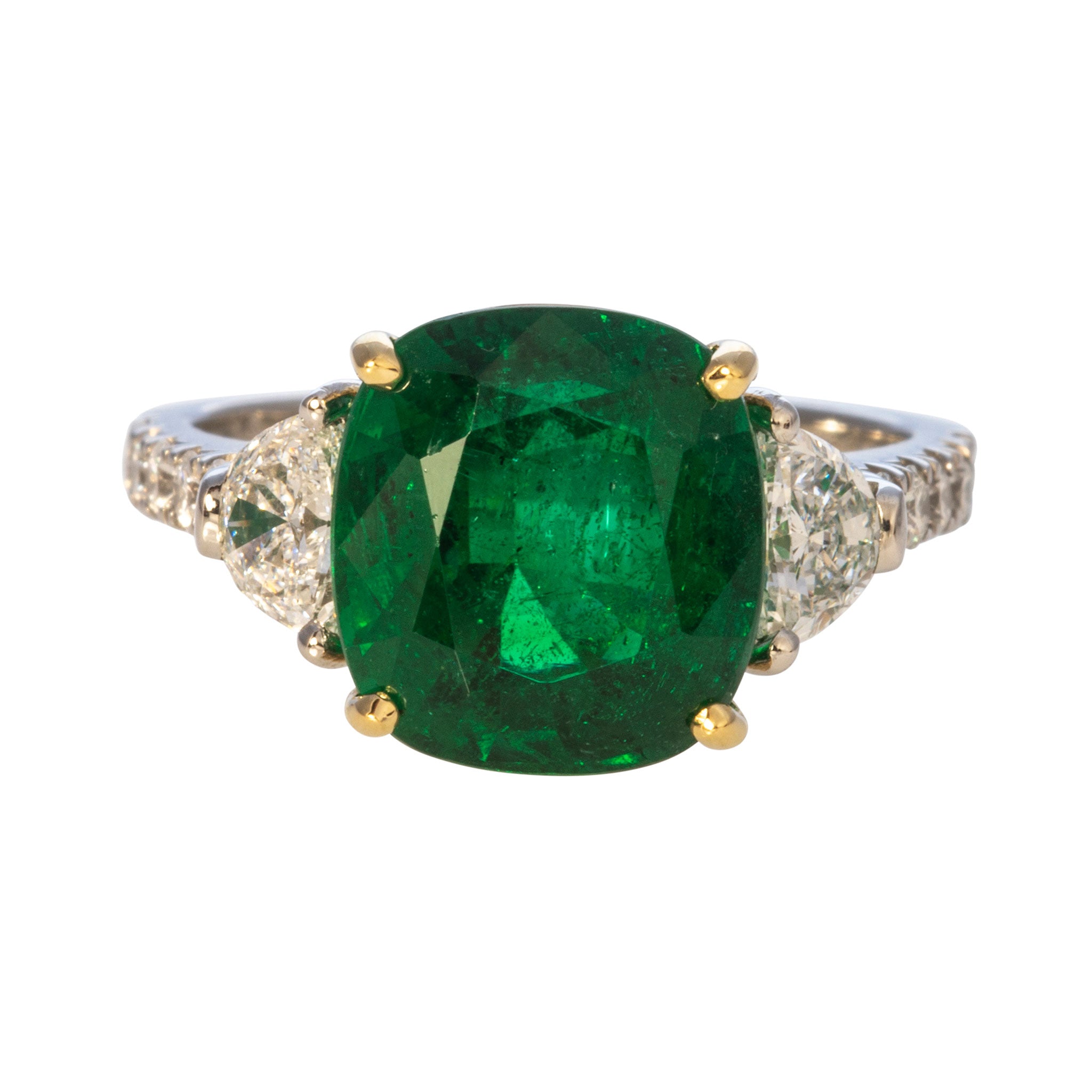 4.96ct Cushion Cut Emerald & Half Moon Diamond 18K Gold Platinum Engagement Ring - Perfect for Wedding, Anniversary & Special Occasions