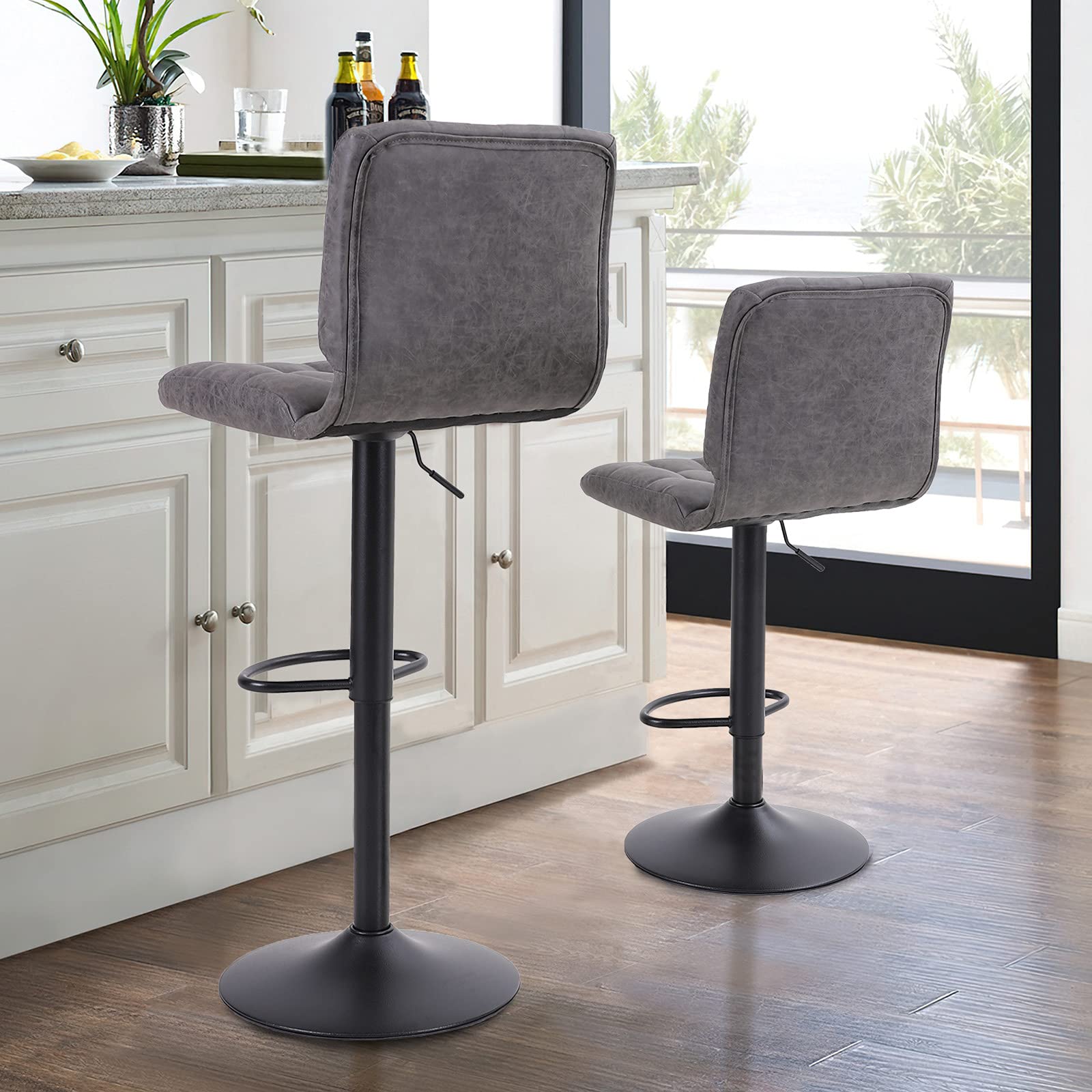 Sophia & William Set of 4 Adjustable Swivel Bar Stools - 350lbs Capacity, Modern Square PU Leather Counter Height Bar Chairs with Back Support, Grey - Perfect for Kitchen Islands, Home Bars, and Pub Settings