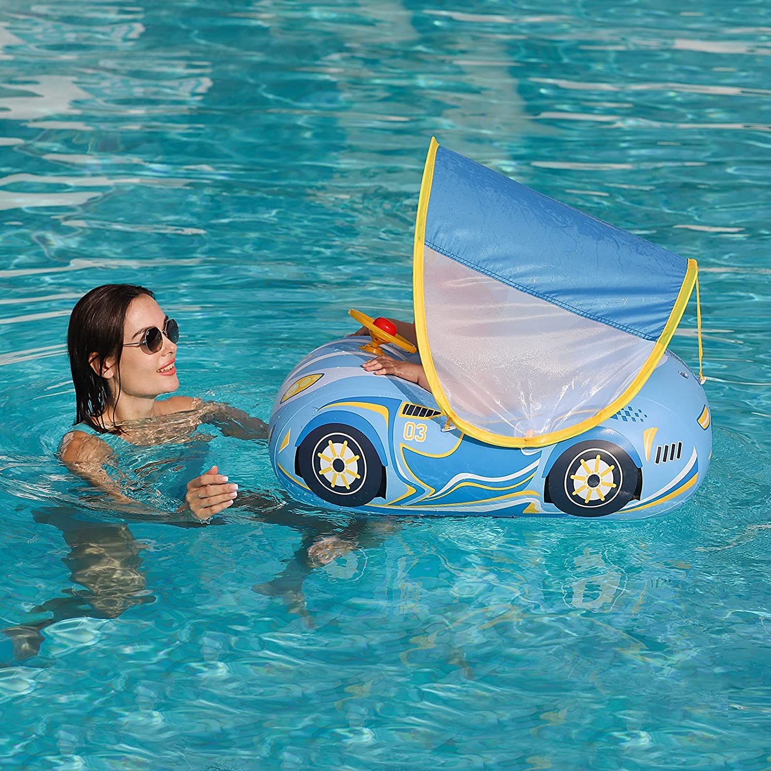 3D Car Design Baby Pool Float - Heavy Duty PVC Toddler Swim Float with Steering Wheel for Ages 1-4 Years | Safe Swimming Seat Boat for Kids 12-24 Months | Perfect for Backyard Pools, Beach Vacations & Summer Water Play (Girls & Boys)