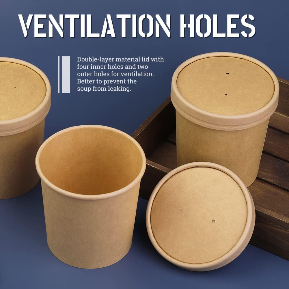 50-Pack 16oz Disposable Kraft Paper Soup Bowls with Vented Lids - Eco-Friendly Food Containers for Soup, Ice Cream, Desserts - Perfect for Takeout, Parties, Catering & Home Use