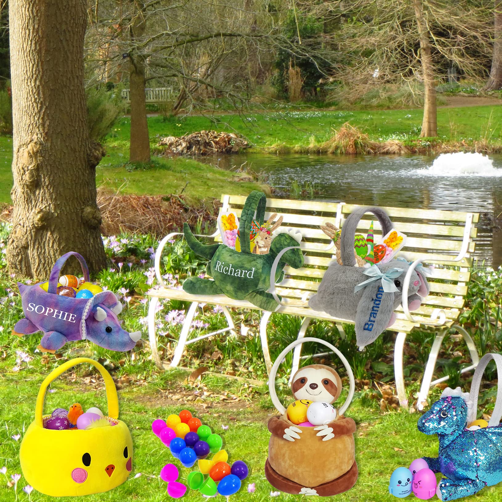 Personalized 3D Adorable Plush Dinosaur Easter Basket - Custom Embroidery Name, Green Dino Egg Hunting Basket for Kids, Easter Gift Bag for Boys & Girls - Perfect for Easter Egg Hunts, Birthday Gifts & Nursery Decor