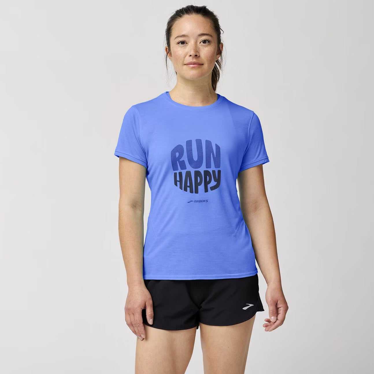 Women's Running Short Sleeve Shirt - Nike Distance 3.0 (Bluebell/Run Happy) for Marathon Training & Outdoor Workouts