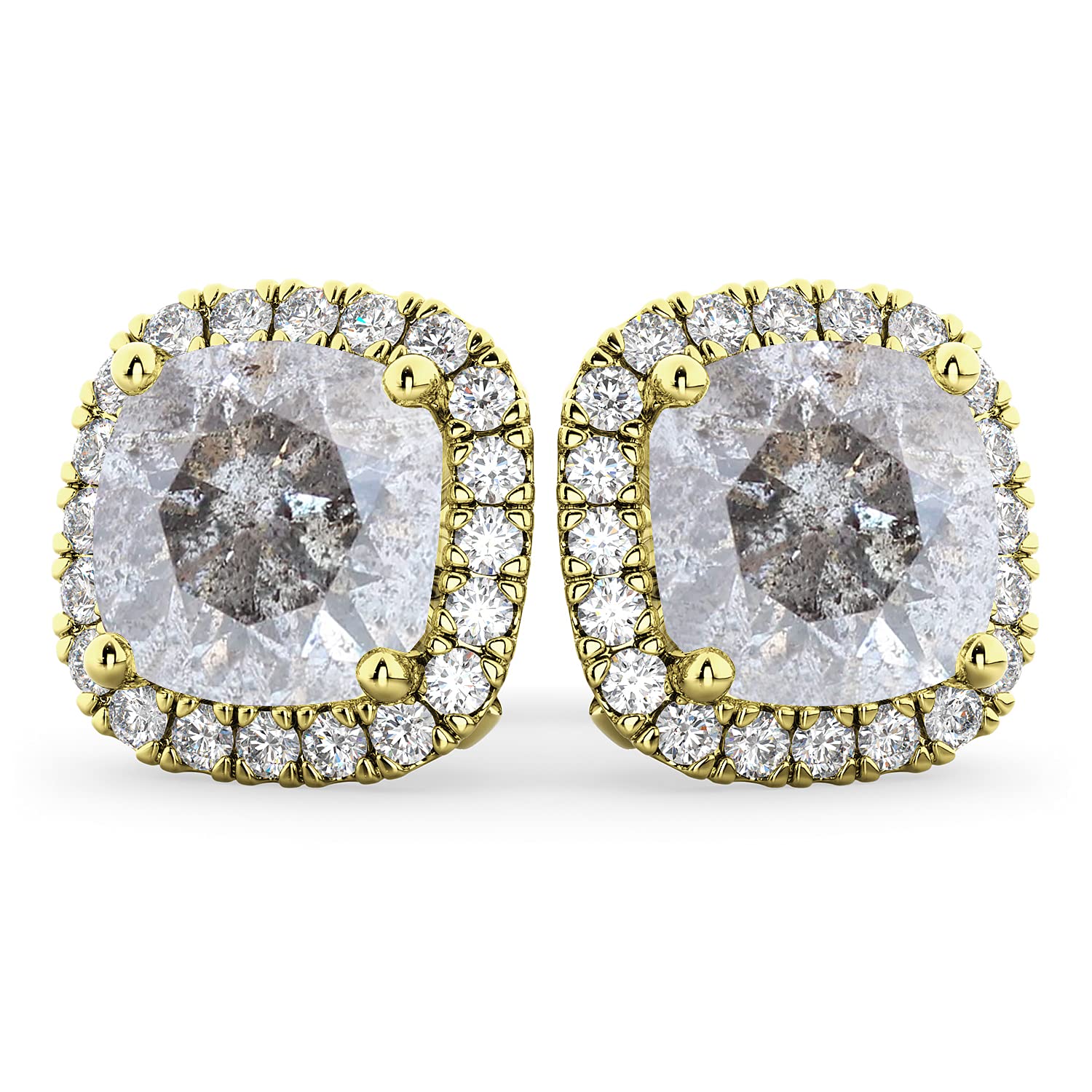 3.10ct 14K Yellow Gold Halo Cushion Cut Salt and Pepper Diamond Stud Earrings with Diamond Accents - Elegant Wedding, Anniversary & Gift Jewelry for Women