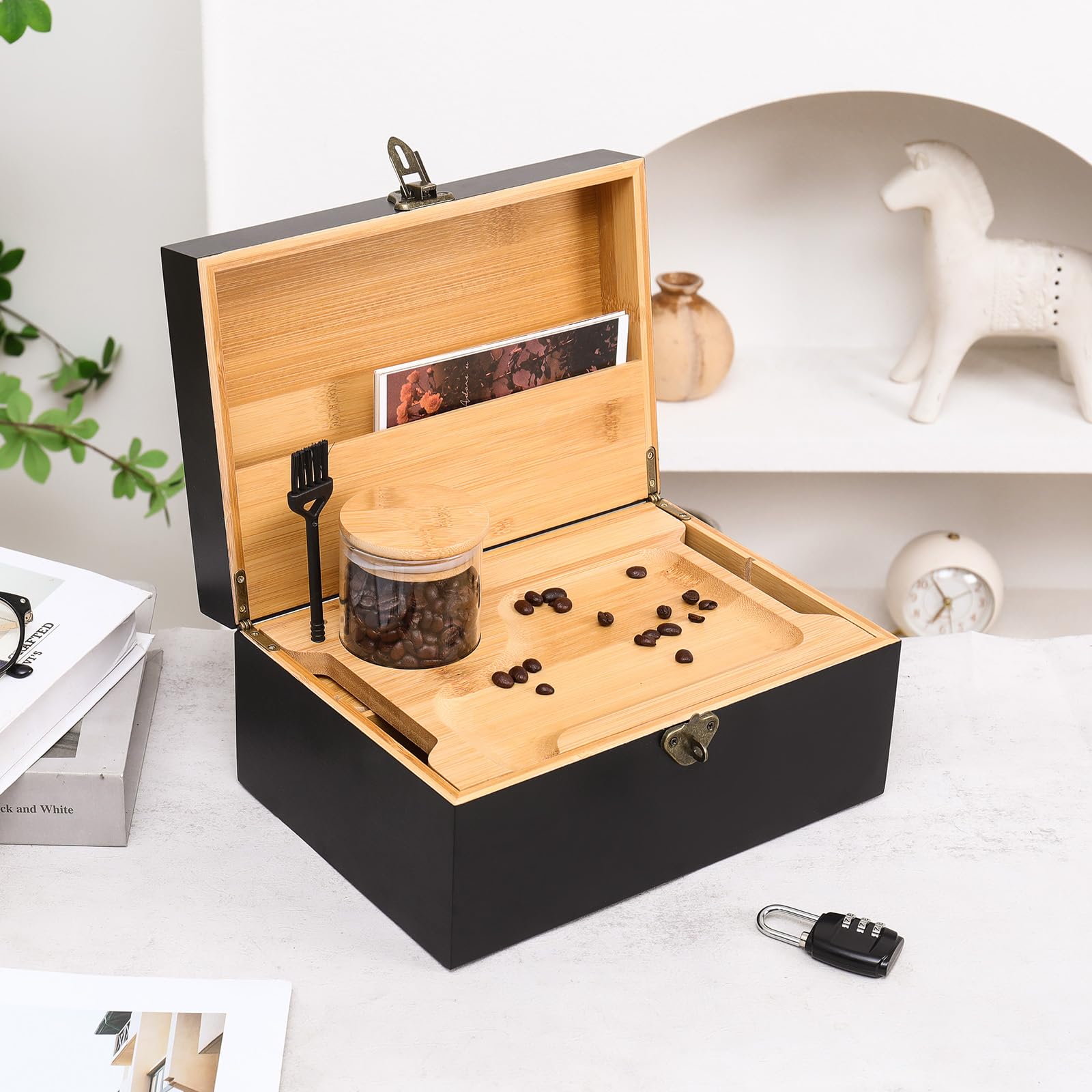 ARTAWEIN Decorative Storage Box Set with Removable Tray & Combination Lock - 3 Glass Jars & Detachable Dividers - Multipurpose Organizer for Jewelry, Makeup, Office Supplies (Black) - Perfect for Home Decor, Gift Giving & Clutter-Free Organization