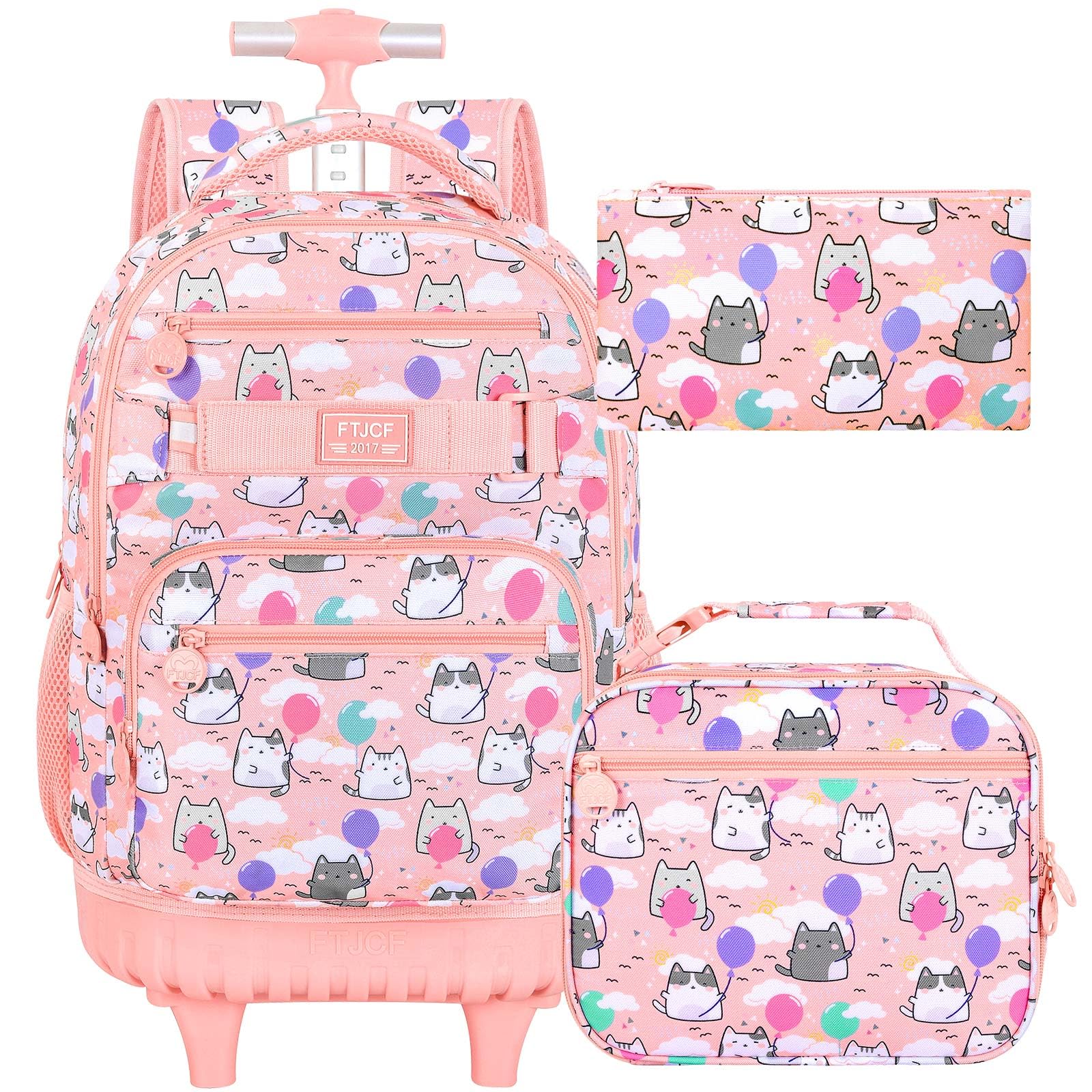 **Girls Rolling Backpack Set - 3-Piece Pink Cloud Cat Wheeled School Bag with Lunch Box for Kids & Teens | Perfect for School, Travel, and Daily Commute**