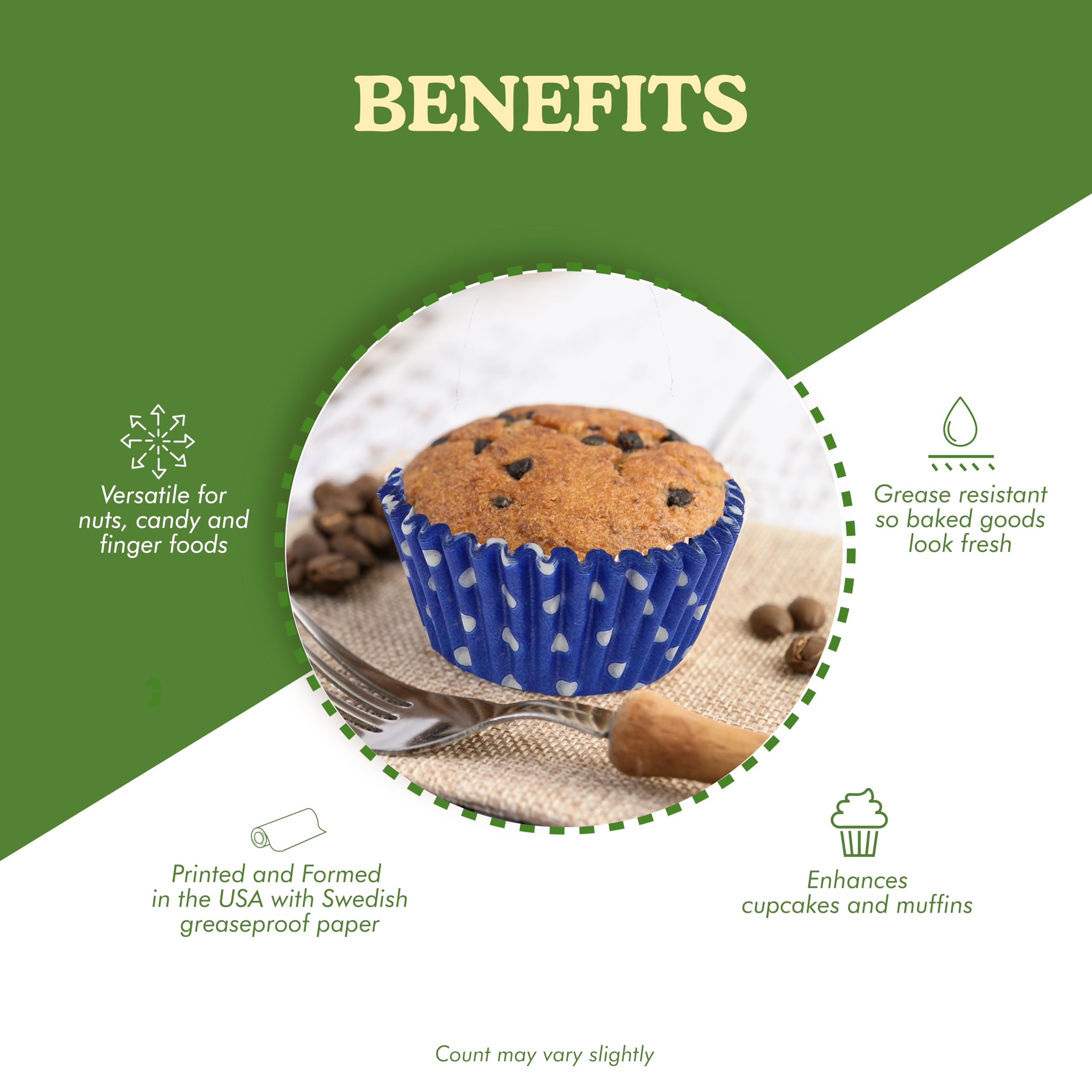 Regency Wraps Professional Greaseproof Baking Cups - 40 Pack Standard Cupcake Liners, Non-Stick Muffin & Candy Wrappers, Cobalt Blue Polka Dot Design - Perfect for Baking, Party Decorations & Gift Packaging