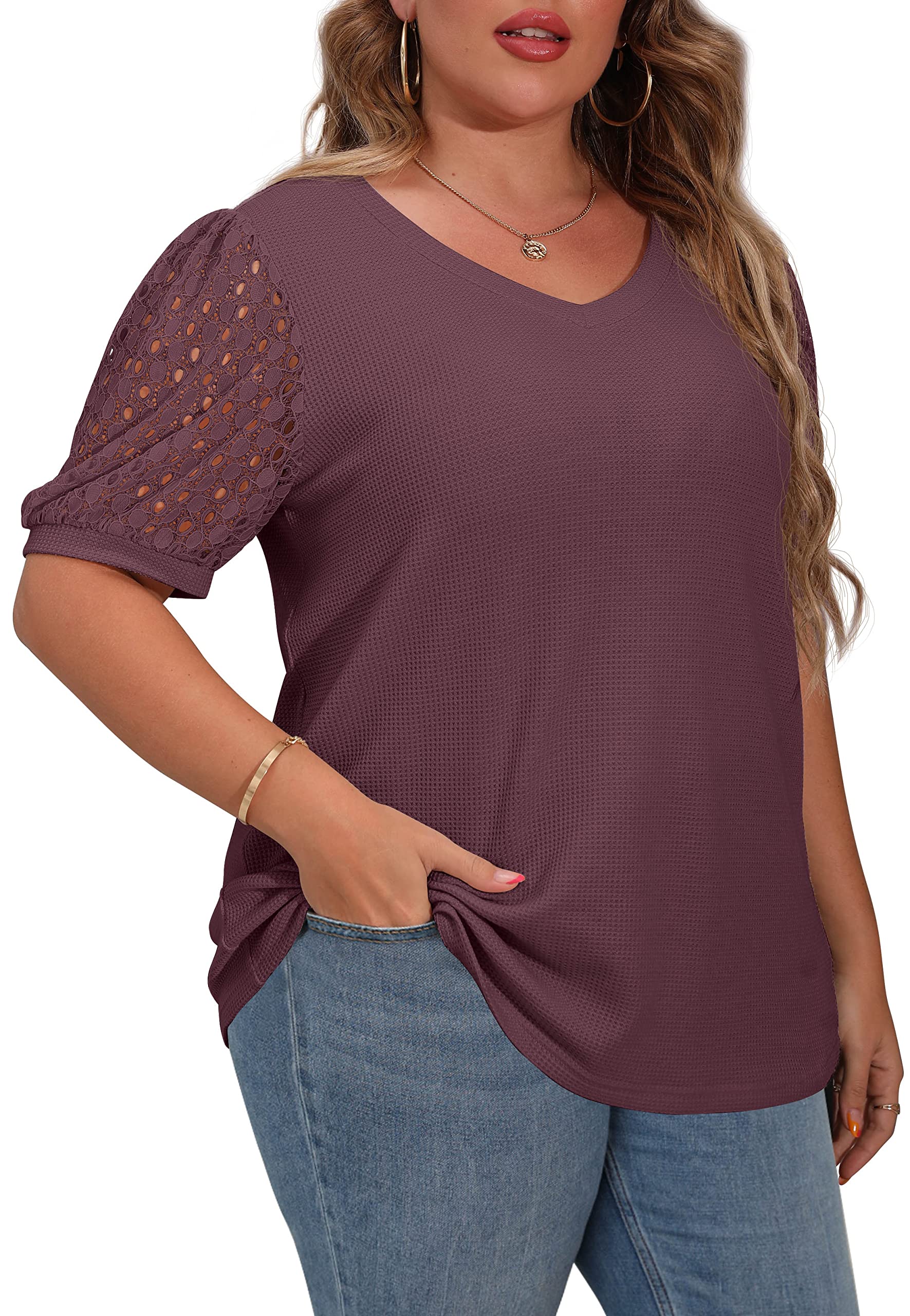 OLRIK Plus Size Summer Tops for Women - Waffle Knit Blouse with Short Lace Sleeves | Casual & Chic Shirts for Beach, Office & Date Night
