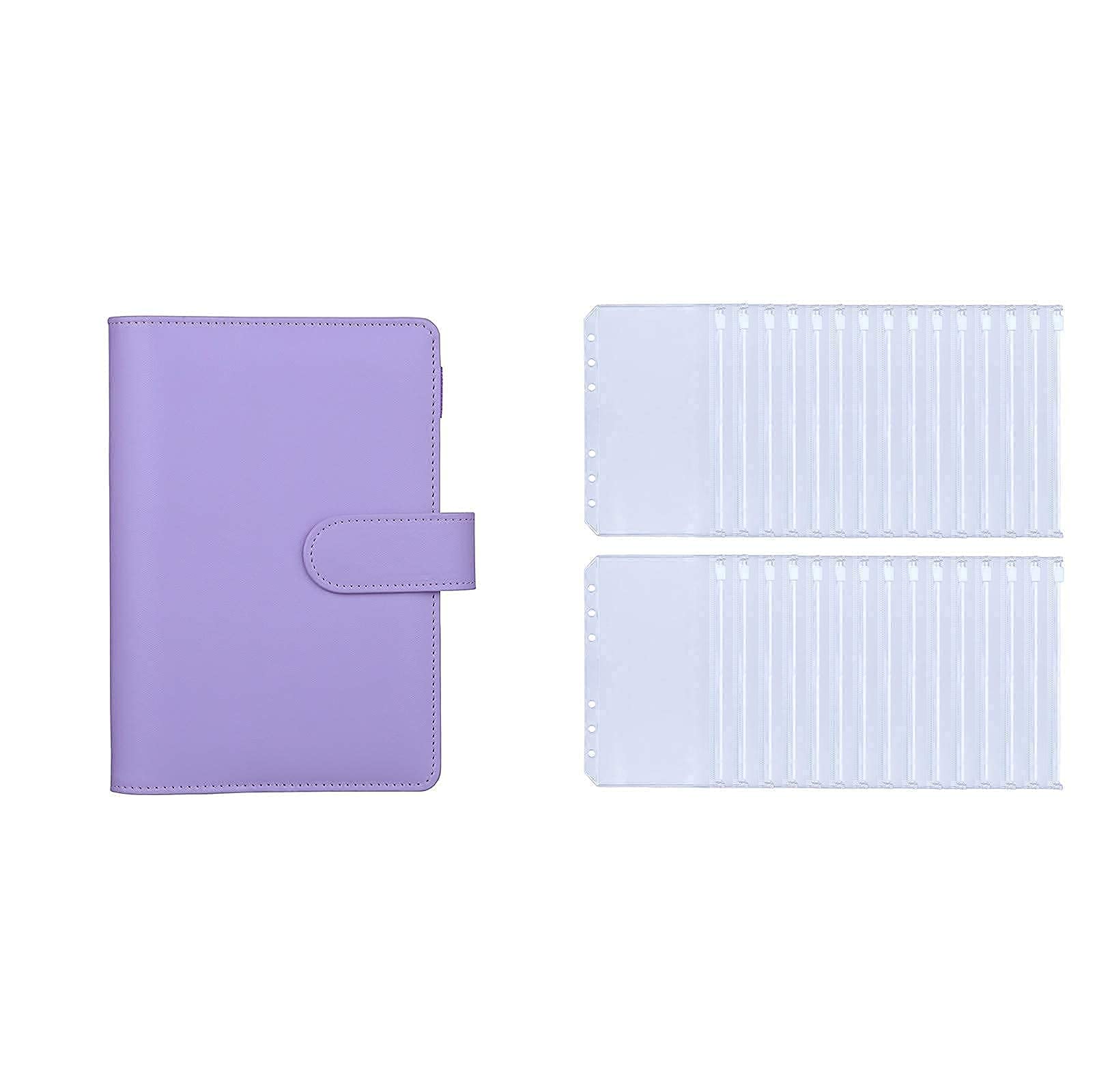 HAUTOCO Purple A6 PU Leather Ring Binder with 30PCS Clear A6 6-Hole Refillable Pockets - Organizer for Planner, Notebook, School Supplies & Office Documents (Perfect for Students, Teachers & Professionals)
