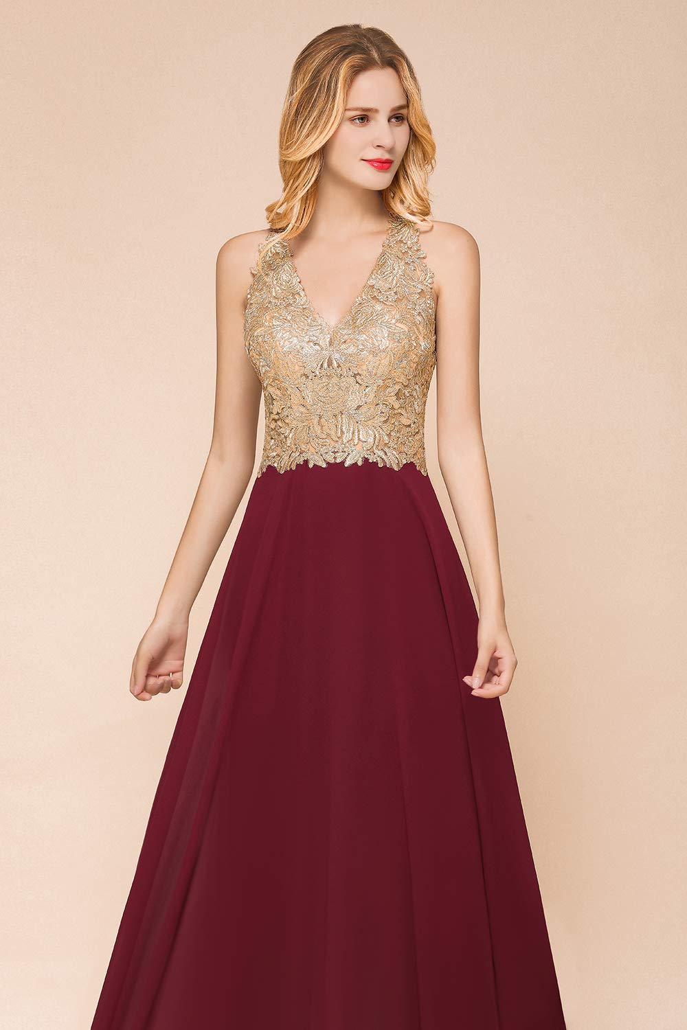 Elegant Golden Floral Lace Chiffon Bridesmaid Dress for Women - Formal Guest Dress for Weddings, Parties & Special Occasions