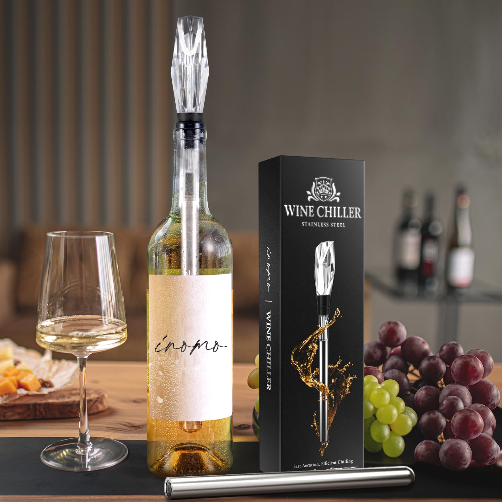 INOMO Wine Chilling Stick with Pour Spout - Stainless Steel Wine Cooler for Men & Women - Perfect Birthday, Valentine's Day Gift for Him or Her - Great for Parties, Date Nights & Home Entertaining