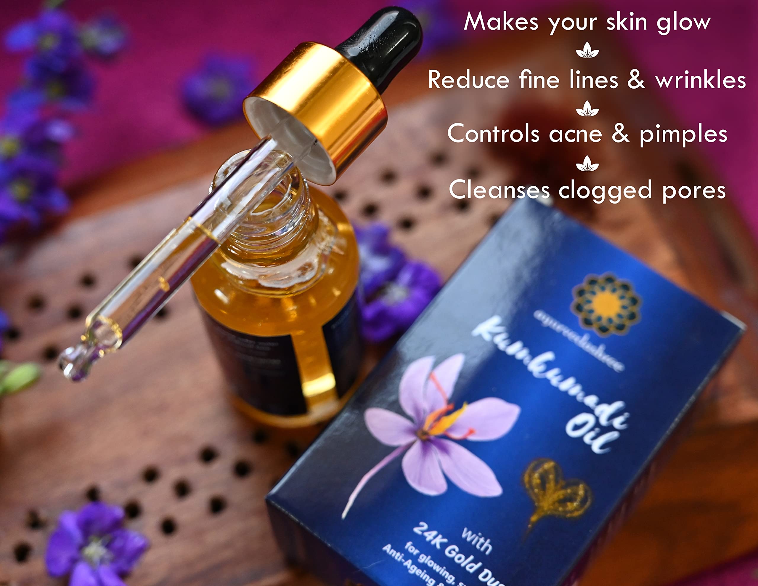 Kumkumadi Face Oil 30ml with 24K Gold Flakes - Ayurvedic Anti-Aging Facial Oil with Almond, Sesame, Olive, Walnut, Castor, Coconut, Jojoba & Carrot Seed Oils - Natural Skincare for Glowing Skin, Wrinkle Reduction & Nighttime Hydration