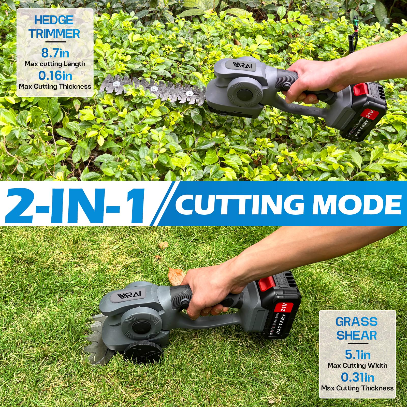 20V Cordless Hedge Trimmer - 2-in-1 Electric Shrub Trimmer with Dual 1300mAh Batteries & Charger | High Power Garden Shears for Trimming Bushes, Hedges & Lawn Edges | Perfect for Home Gardens, Patios & Landscaping