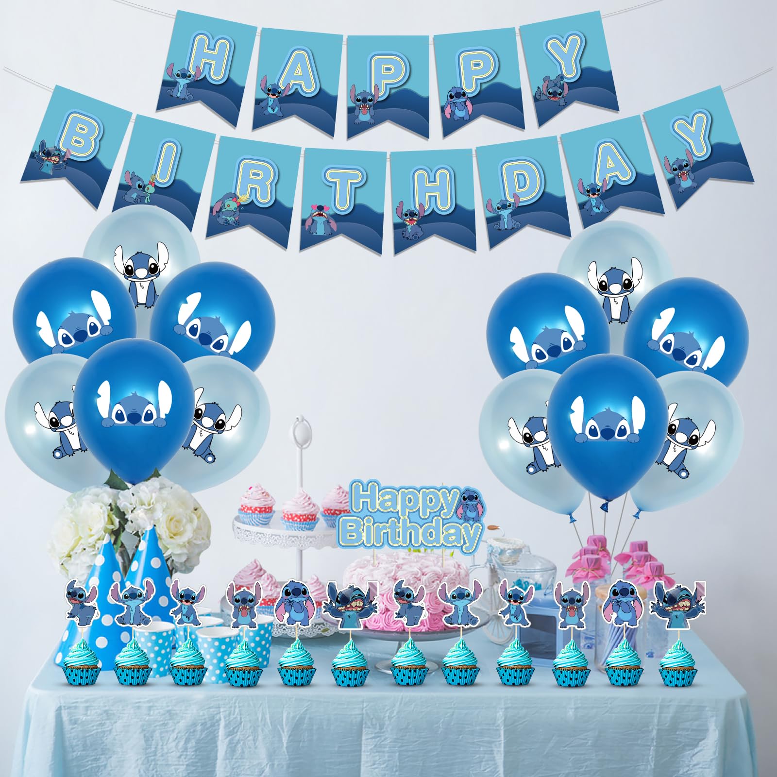 Lilo and Stitch Birthday Party Supplies Kit - Happy Birthday Banners, Cake Toppers, Cupcake Decorations & Latex Balloons for Kids' Themed Parties, Baby Showers & Disney Celebrations
