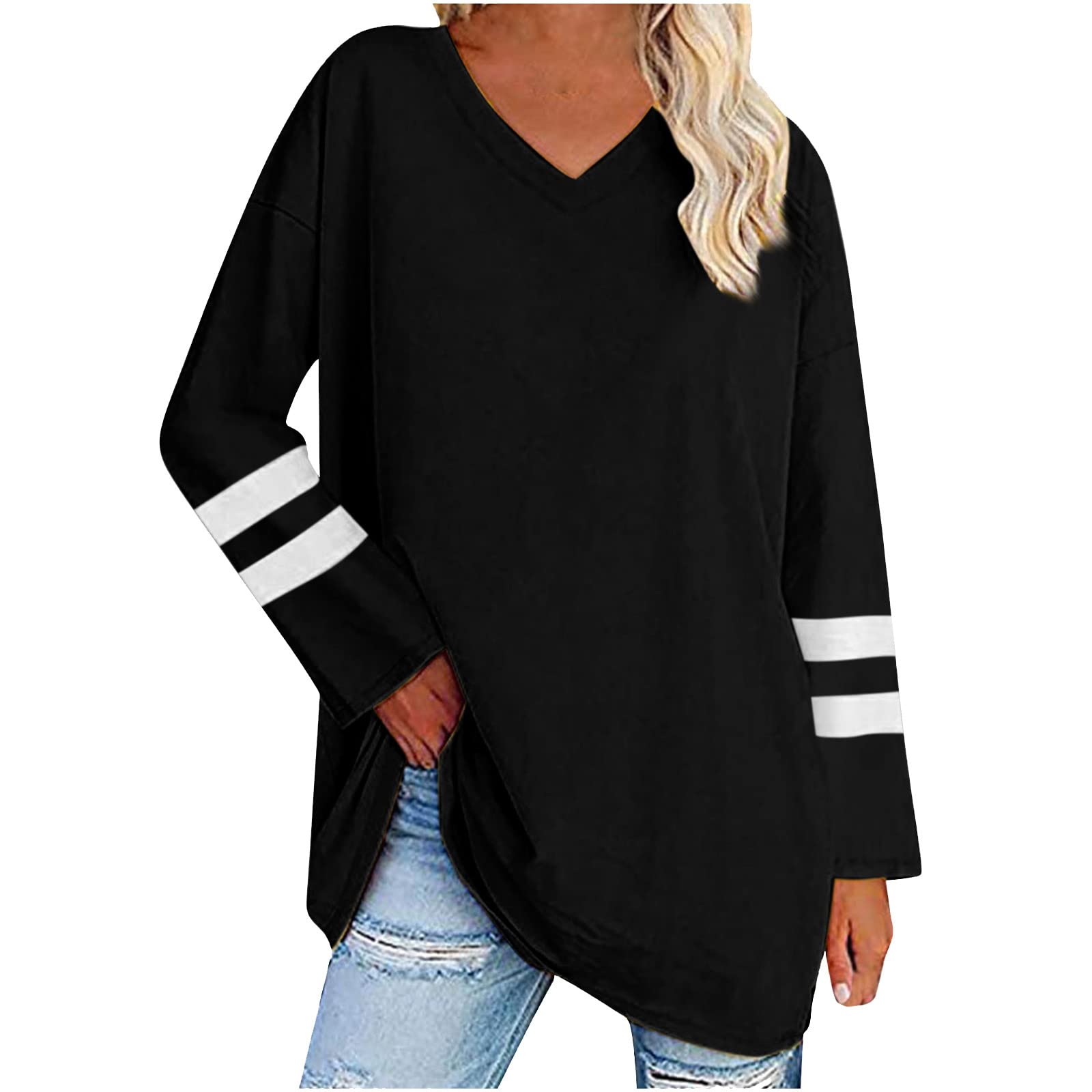 Women's Fall Striped V-Neck Tunic Top - Casual Long Sleeve Loose Tee for Work & Outings