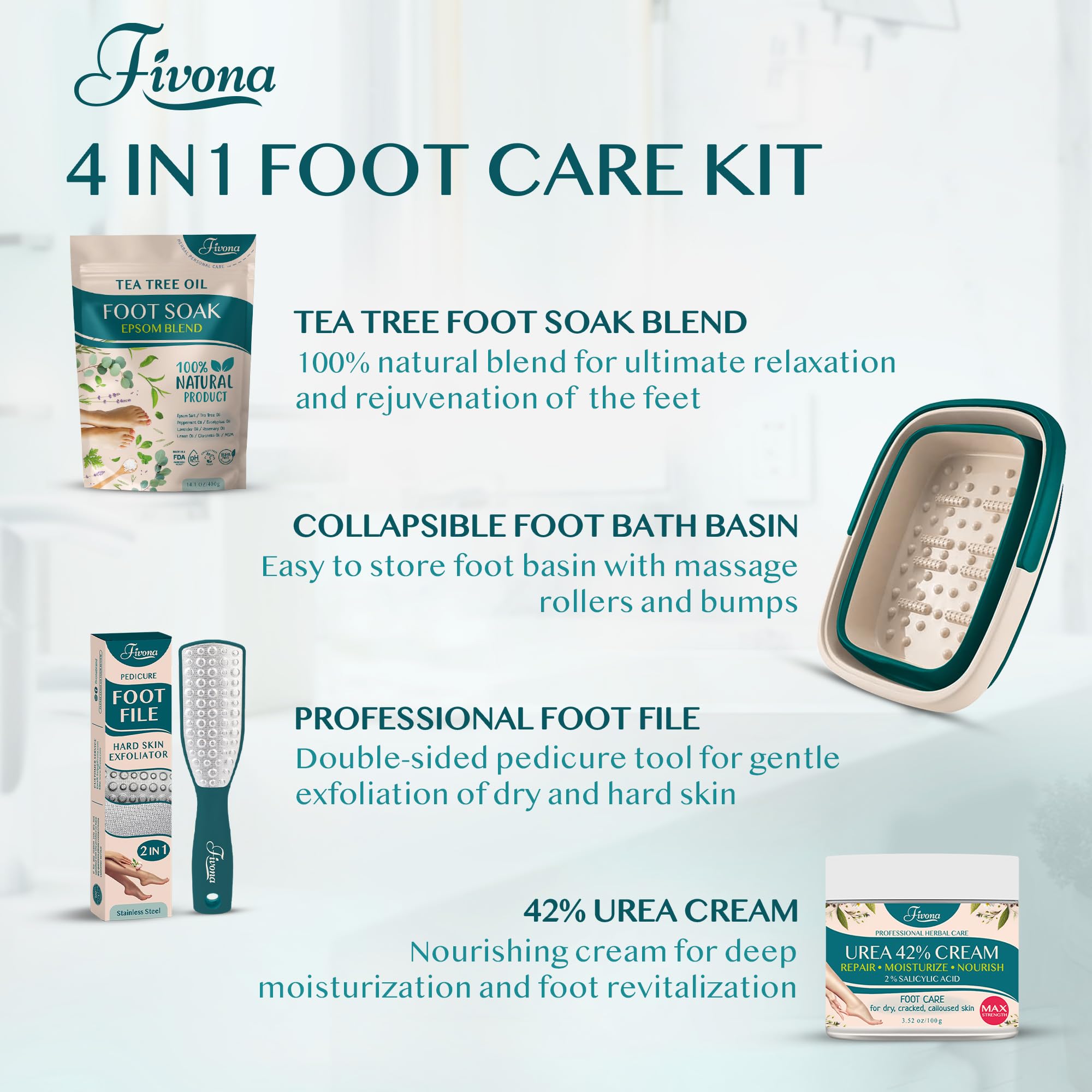 Fivona 4-in-1 Professional Foot Care Kit with Epsom Salt & Essential Oils - Collapsible Foot Soak Basin, 42% Urea Moisturizing Cream for Calluses, Dual Action Foot File - Perfect for Pedicure, Dry Cracked Heels & At-Home Spa Treatment