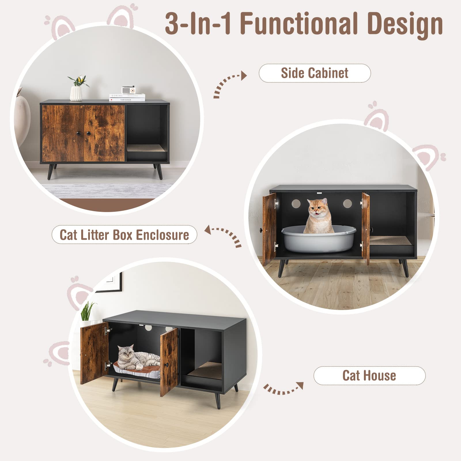 Tangkula Enclosed Cat Litter Box Furniture with Divider, Scratching Pad & Metal Legs - Hidden Litter Box Cabinet with Double Doors for Large Cats (Rustic Brown) | Perfect for Living Rooms, Bedrooms & Small Spaces