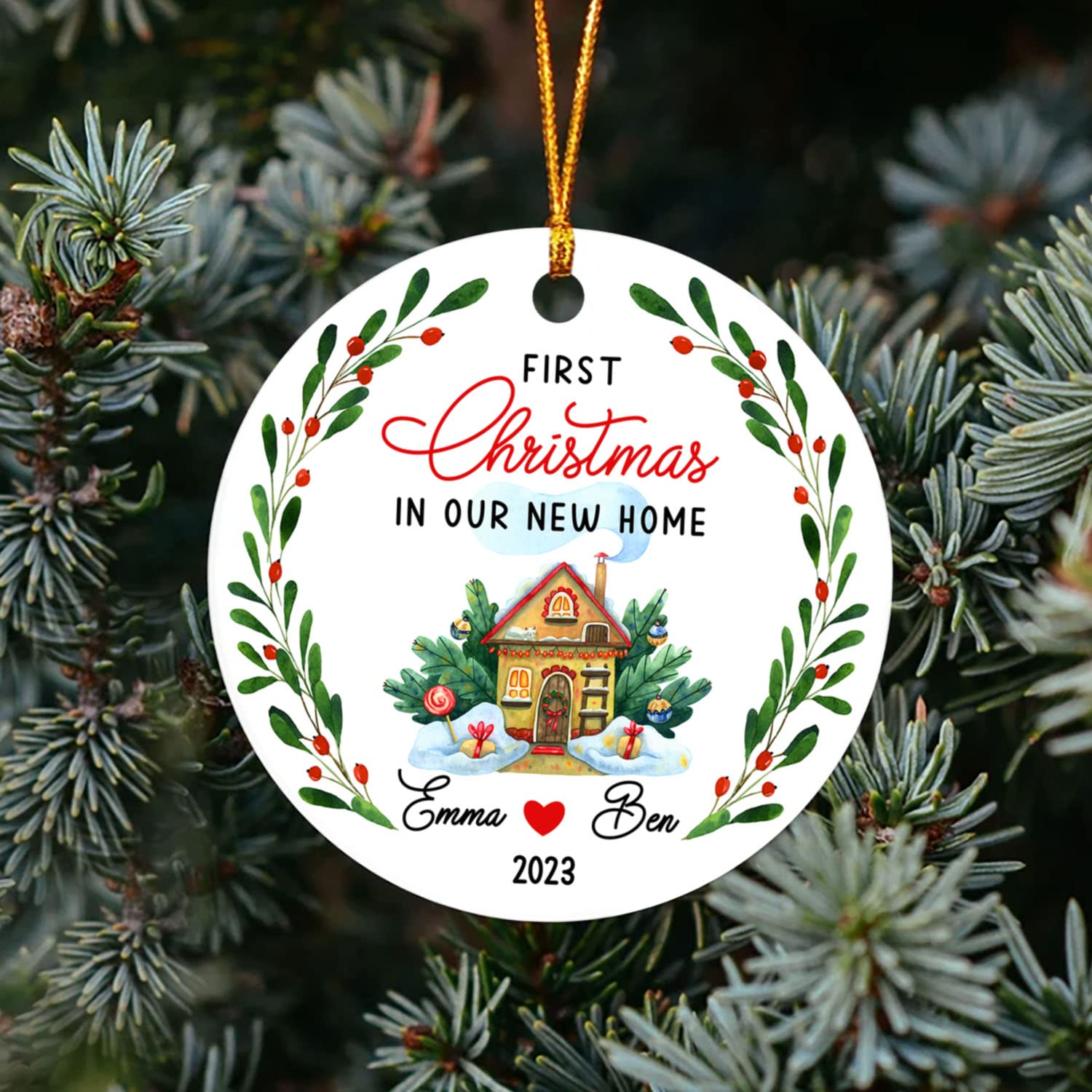 Personalized 2025 First Christmas in Our New Home Keepsake Ornament - Snowy House Christmas Tree Decoration for Newlywed Couples - New Home Gift for Housewarming & Christmas Celebrations